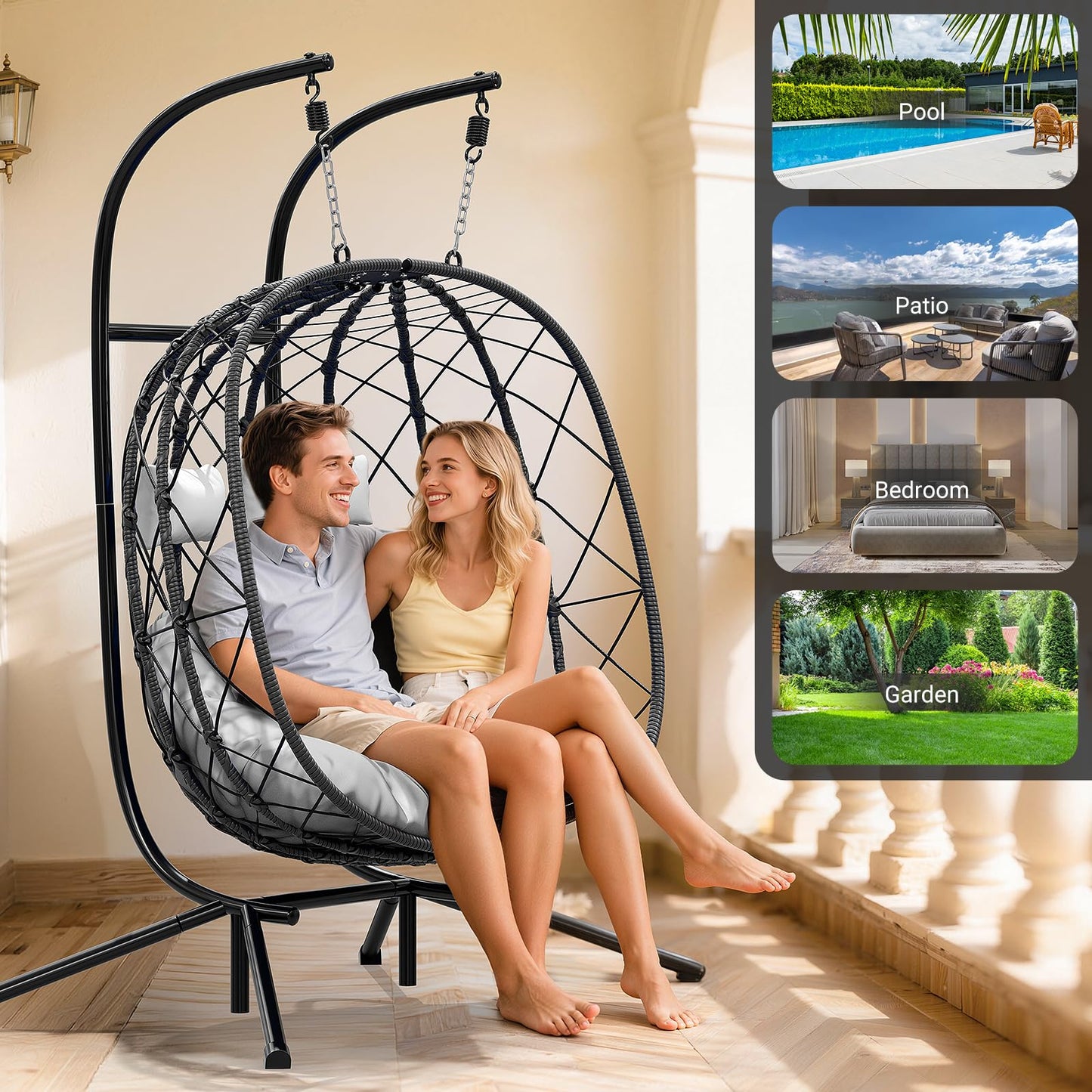 LEVELEVE Double Egg Swing Chair with Stand - 2 Person Outdoor Patio Hanging Wicker Hammock Chair with Cushion, Dark Grey, for Garden, Lawn, Bedroom, Indoor/Outdoor Use