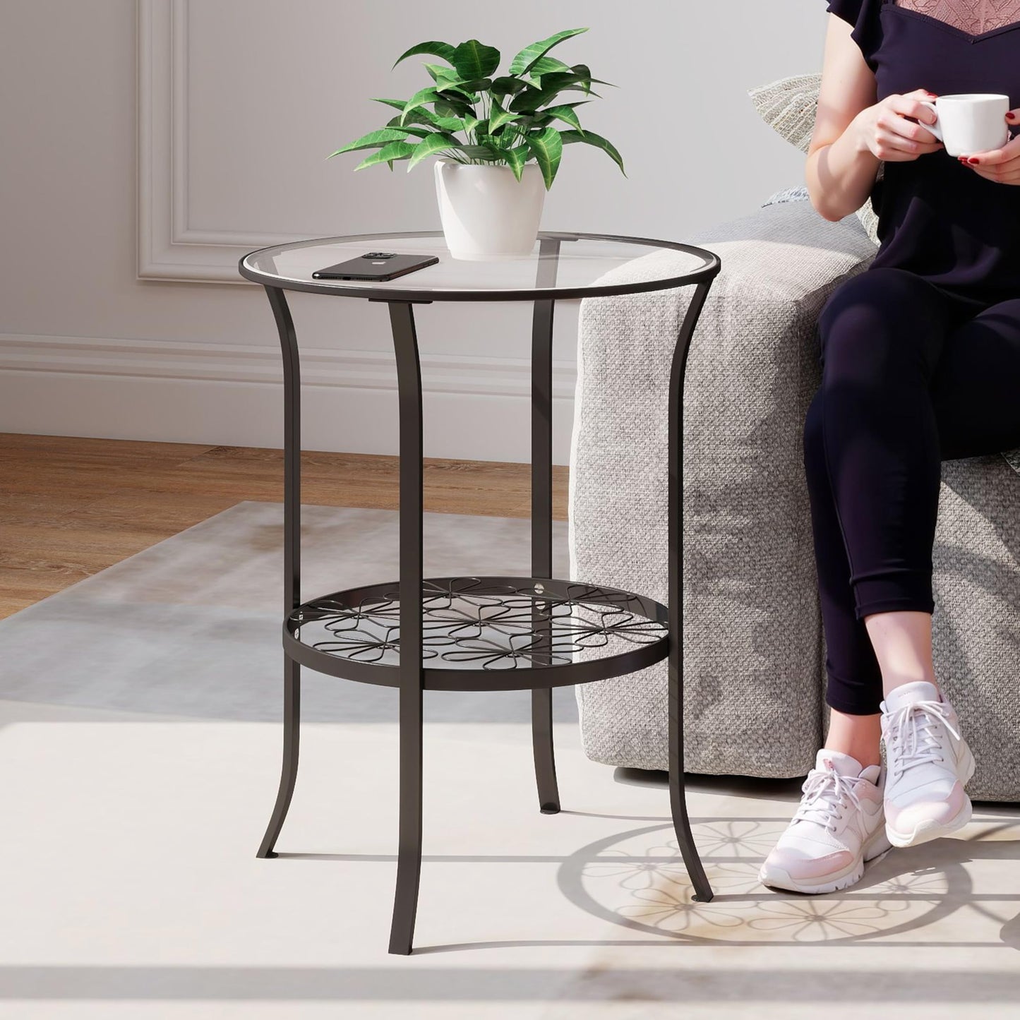 DDK 2-Tier Round Side Table with Tempered Glass Top & Decorative Floral Metal Shelf, Outdoor End Table for Patio Balcony, Indoor Accent Table for Living Room Bedroom