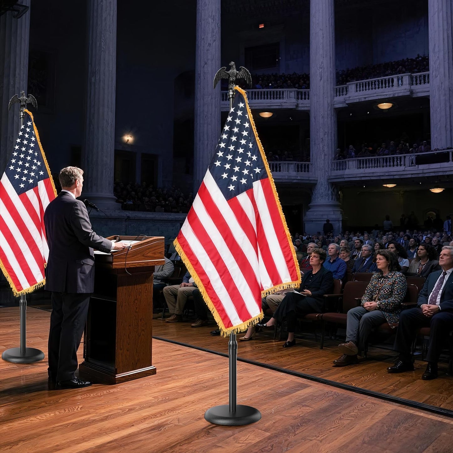 Indoor Flag Pole and Stand,8FT Flagpole Kit with Base Eagle Topper 3x5 FT American Flag,Heavy Duty Indoor Flag Pole for City Hall/Businesses/Office/Auditorium/School/Home