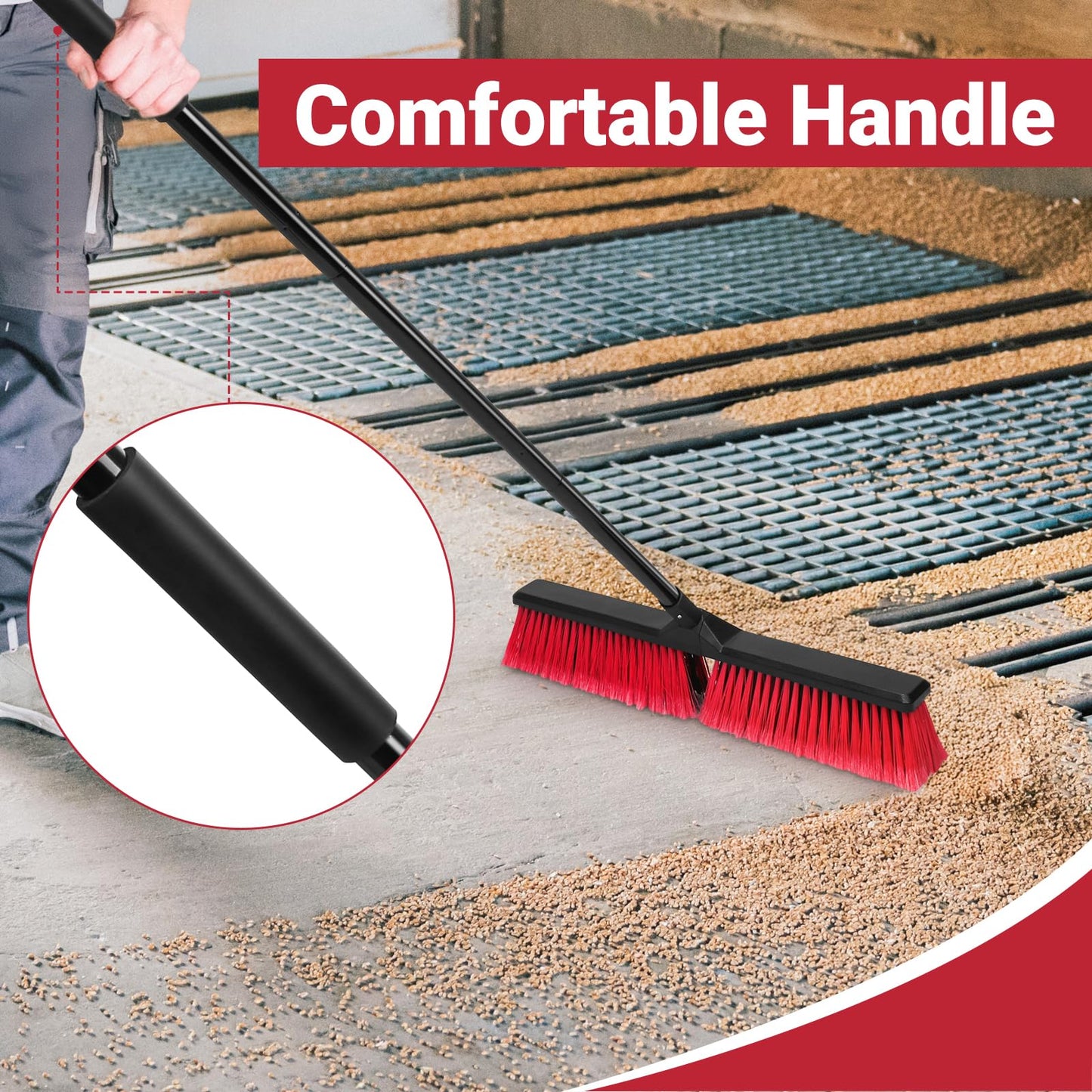 24" Push Broom with 63" Long Handle, Heavy Duty Broom for Floor Sweeping, Stiff Bristles Broom Brush for Workshop, Garage, Concrete, Patio and Deck