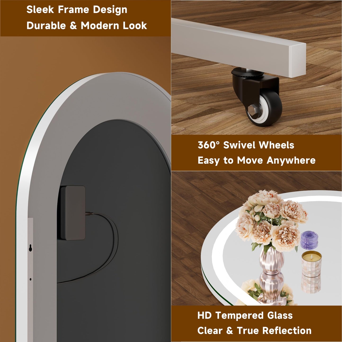 Hasipu 79" x 40" Arched LED Rolling Gym Mirror with Wheels, Dimmable Lighted Body Mirror with 3 Color Temperatures & Adjustable Brightness for Bedroom, Yoga Studio & Home Gym