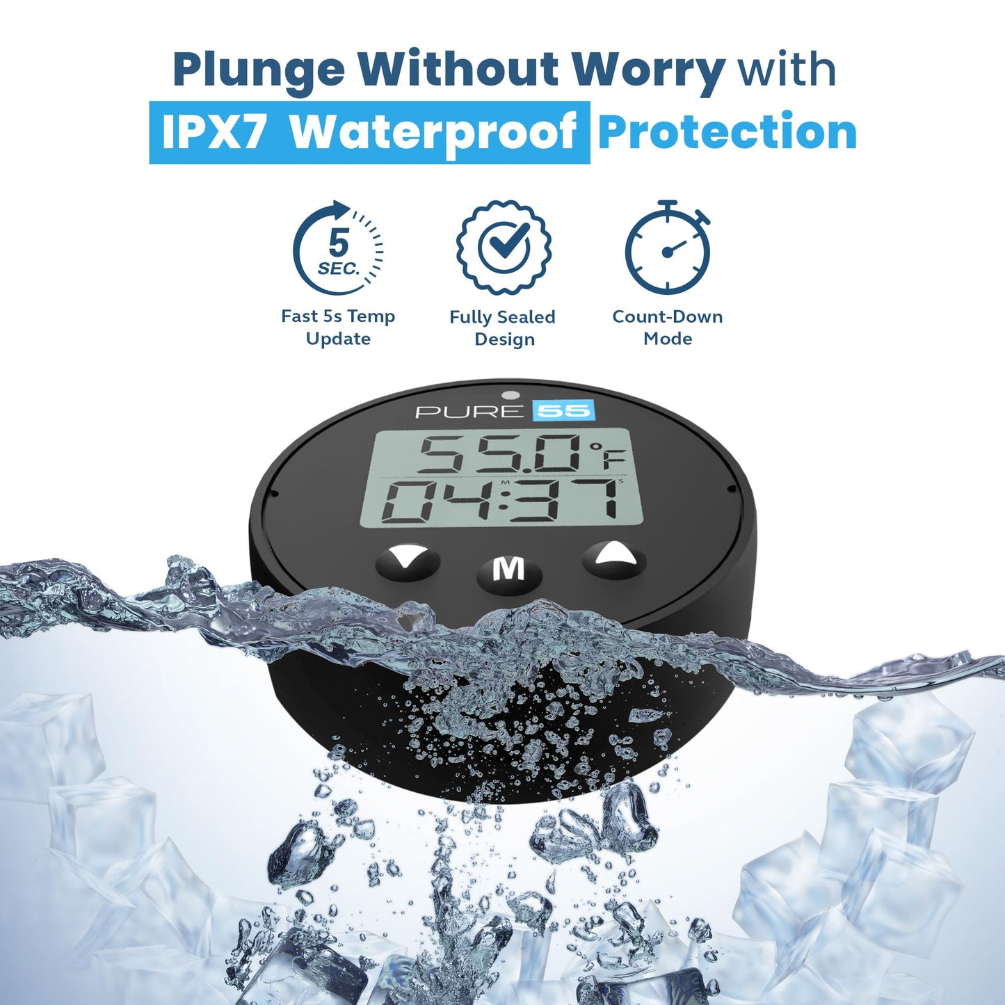 Pure55 PlungeGauge 3-in-1 Cold Plunge Thermometer with Clock & Timer - Ice Bath Water Thermometer with Easy 3-Button Control - Floating Design & IPX7 Waterproof with Audible Beep & LED Indicators