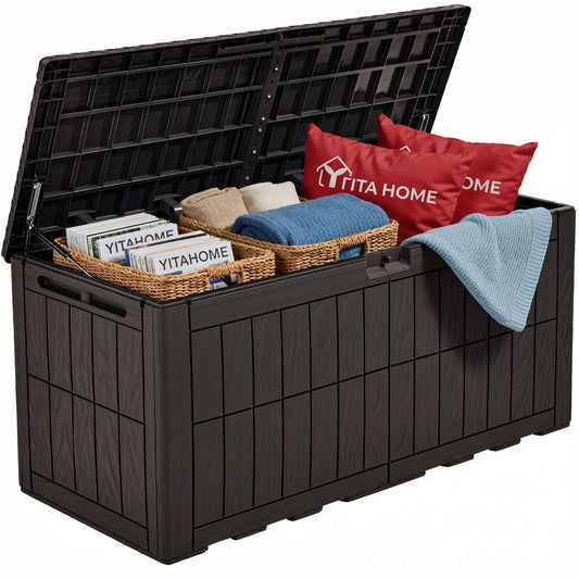 YITAHOME 110 Gallon Outdoor Deck Box, Waterproof Resin Storage Box with Lock, Lockable Patio Furniture Bin, 2-Person Bench Seating for Outdoor Cushions, Garden Tools & Sports/Pool Supplies, Dark Brown