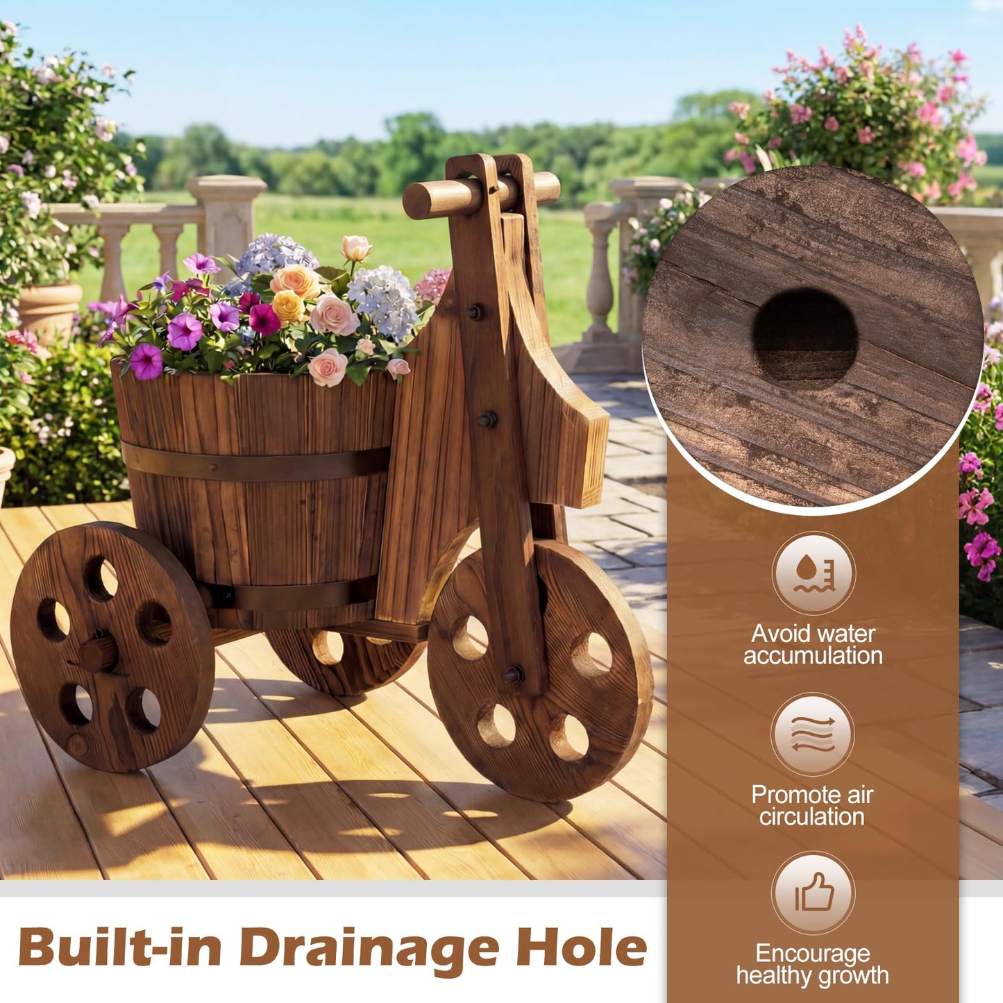 HAPPYGRILL Wooden Wagon Planter, Rustic Wood Wheelbarrow Planter w/3 Wheels,Drainage Hole & Storage Box for Growing Vegetables Herbs, Indoor Outdoor Flower Pot Cart for Patio Balcony Garden Decor (1)