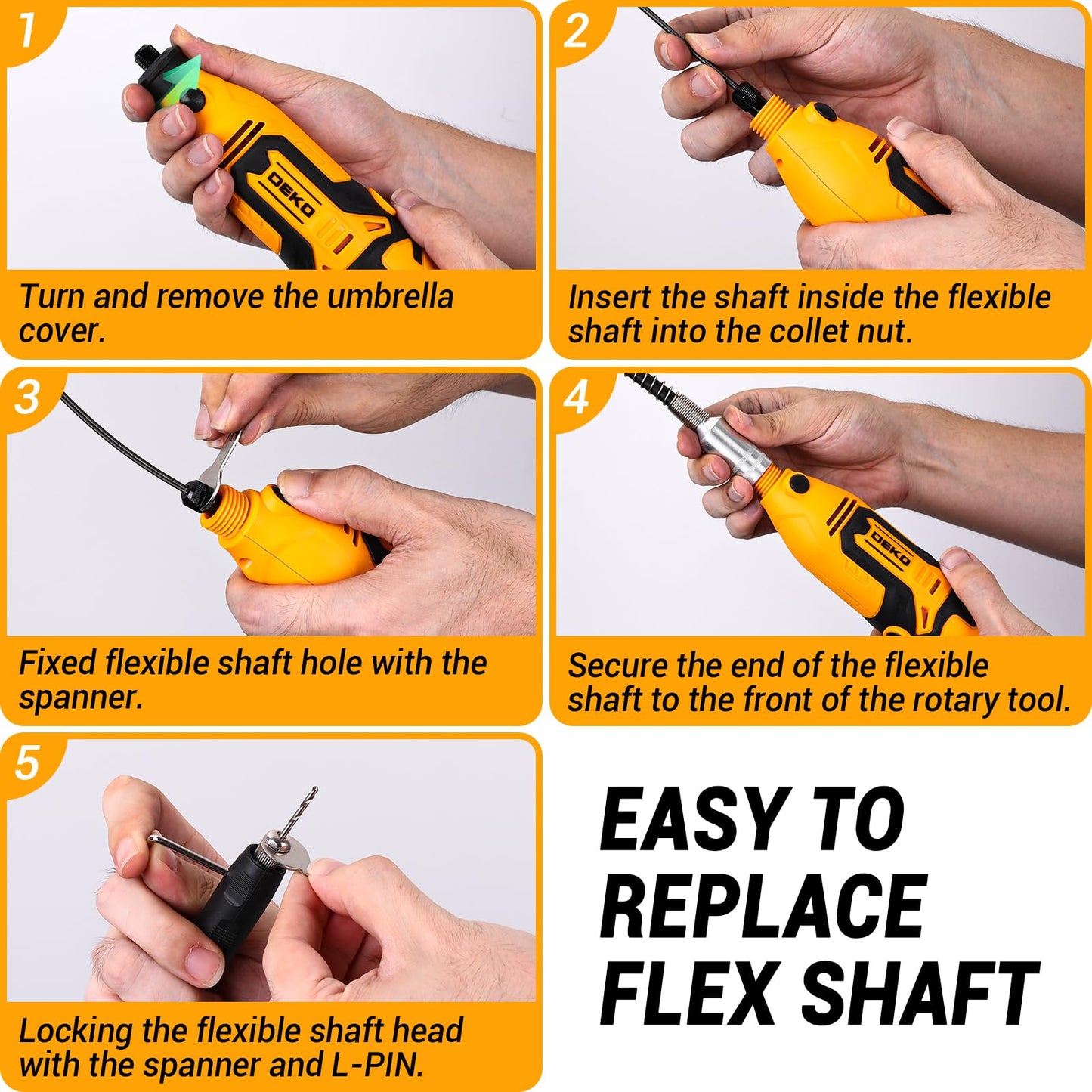 Rotary Tool Kit:DEKOPRO 1.4-Amp Power Hand Rotary Tools with 6 Variable Speed, 127pcs Accessories, 8000~35000RPM Electric Grinder Drill Machine Set with Flex Shaft for Carving, Cutting, Sanding Yellow