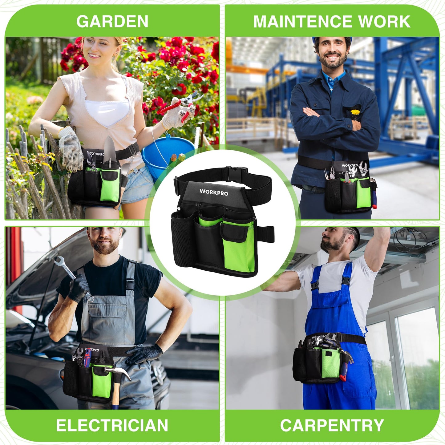 WORKPRO 2-Piece Pruning Shears and Garden Tool Belt Set, Gardening Belt with 5 Pockets and Adjustable Waist Belt, 8" Bypass Garden Shears and 8'' Handing Pruner with Steel Straight Blade