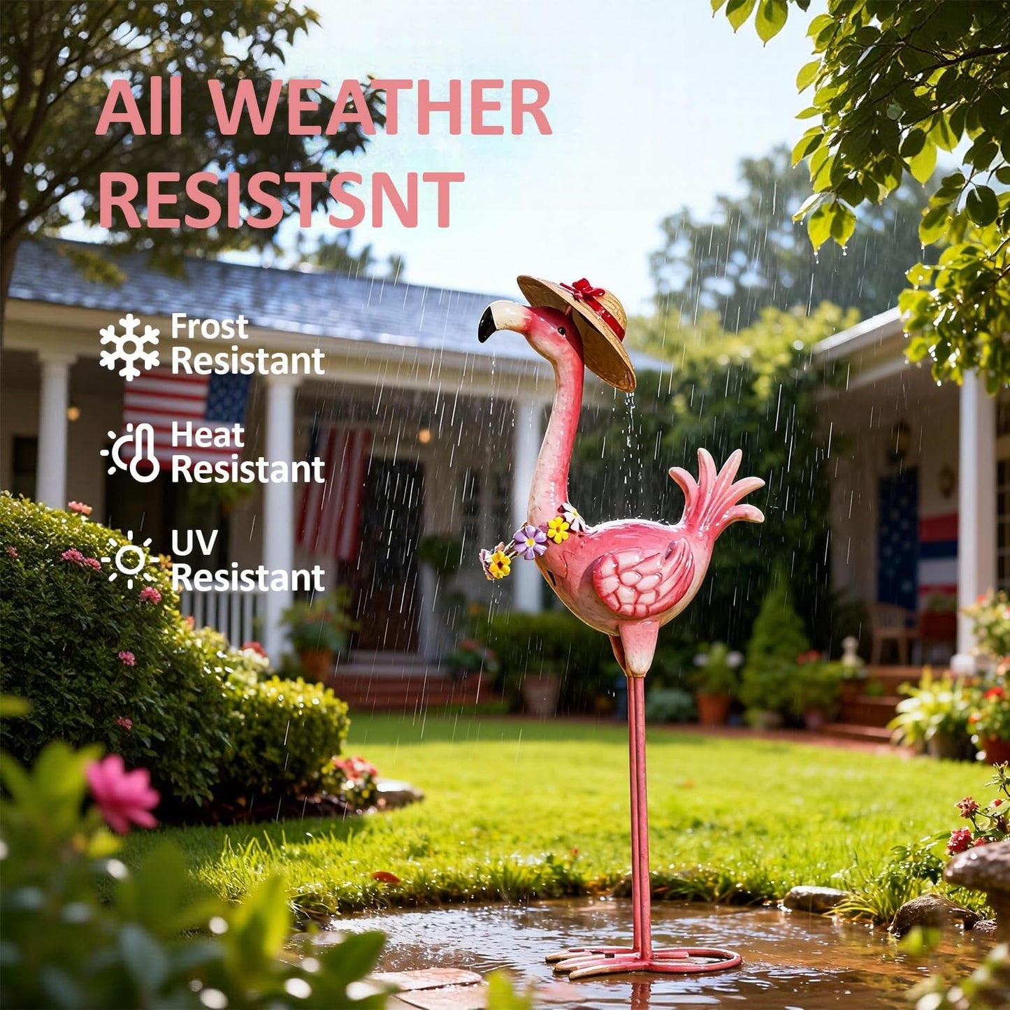 Natelf Flamingo Metal Garden Statue Outdoor Pink Hawaii Flamingo Yard Art Sculpture Decor with Flower Lei & Straw Hat, Waterproof Rust-Proof Lawn Decor for Patio, Poolside, Tropical Party