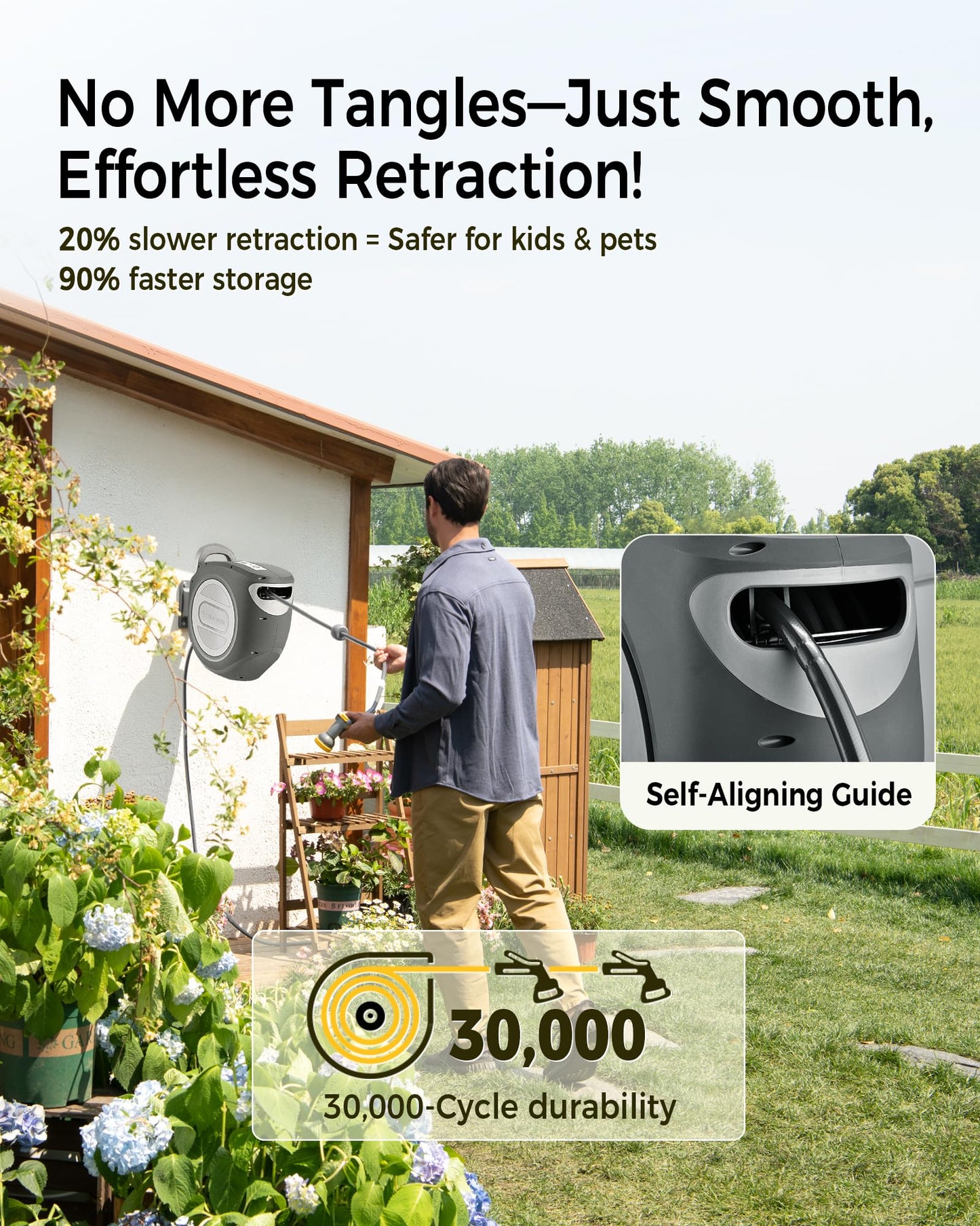 GLAHODEN Retractable Garden Hose Reel 5/8 in x 100 ft Metal Bracket, 2025 Upgraded Dual Ratchet Lock UV & Freeze Protection Brass Seal Slow Retraction Anti-Tangle Hose 180°Swivel