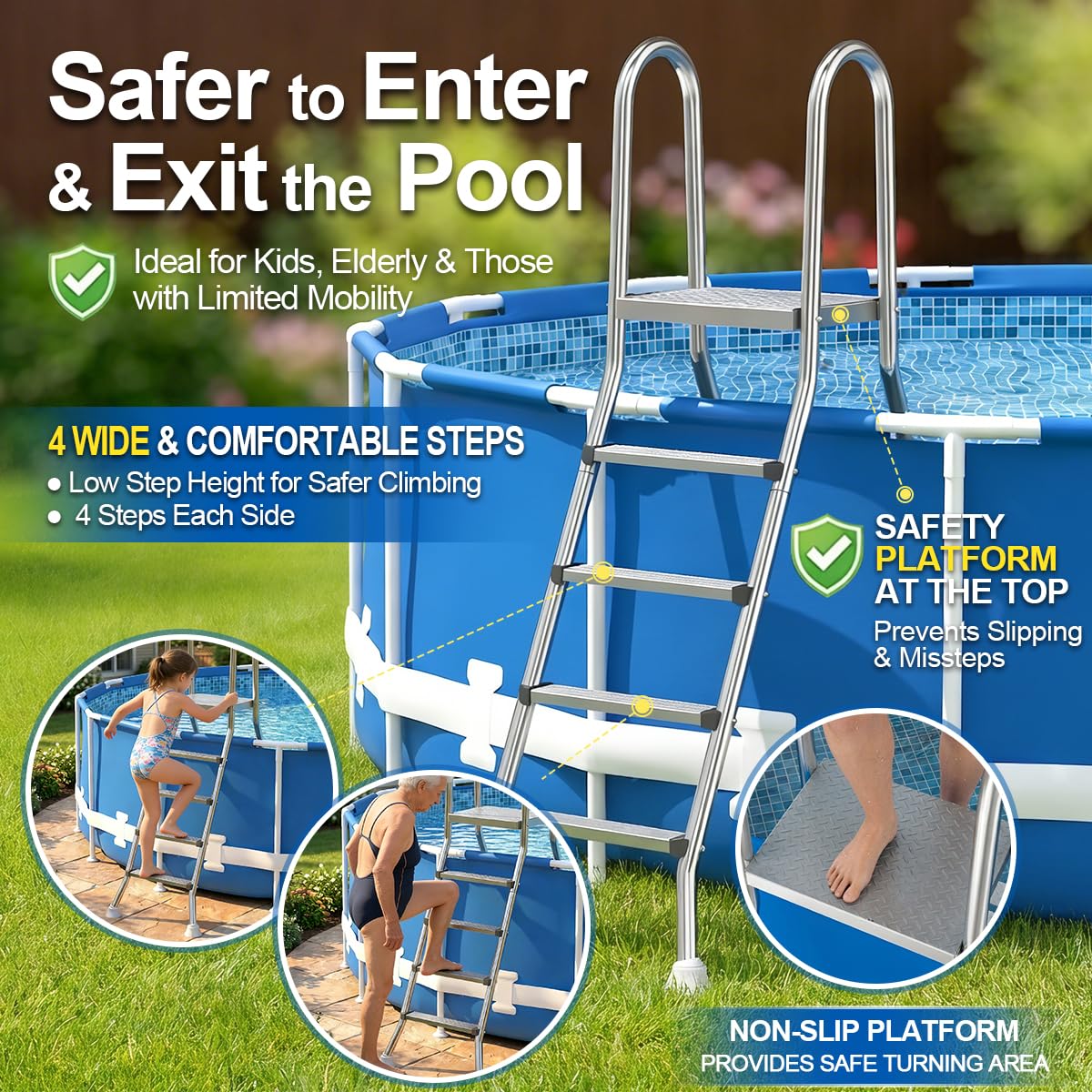 Abimars Above Ground Pool Ladder, 304 Stainless Steel Heavy Duty Pool Ladder with Non-Slip Wide Steps, 580 LBS Capacity, Fits 30-48 Inch High Pool Walls, Easy Entry for Outdoor Pools