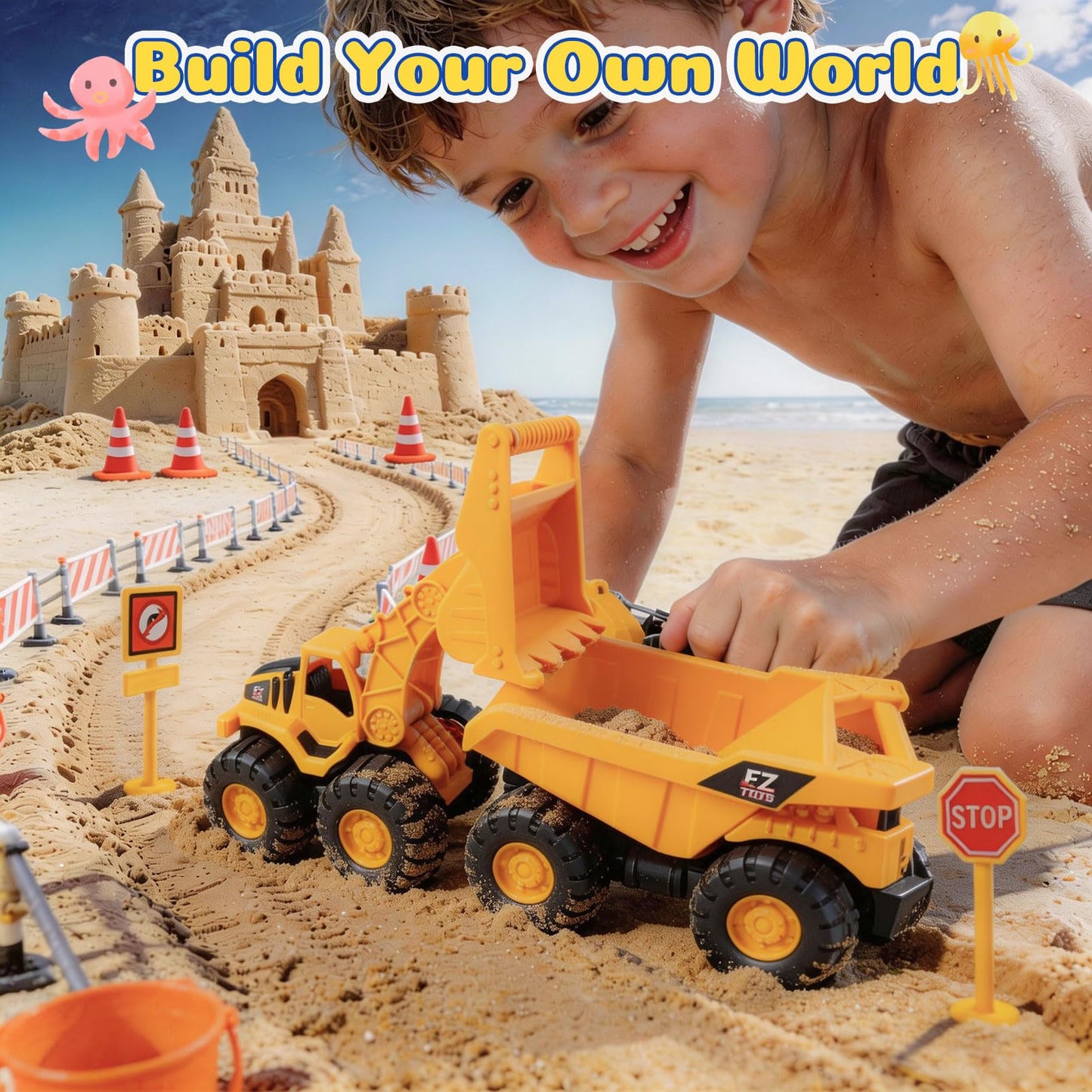 UBeesize 37 PCS Beach Toys , 3-in-1 Construction & Treasure Hunt Sand Toys with 2 Collapsible Buckets, 2 Trucks, Castle Building Kit, Sand Sifter and Shovels, Mesh Bag Sandbox Toys for Toddler 3-10
