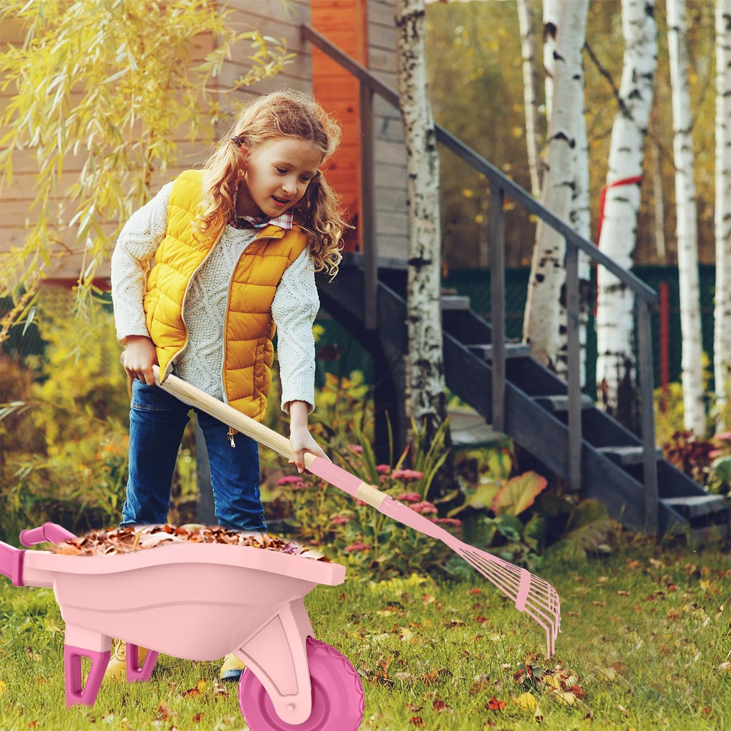 Qtioucp Kids Gardening Set with Wheelbarrow, Real Metal Garden Tools for Kids Ages 3-8, 4 Long Handle Tools, 3 Hand Tool, Gloves, 5 Stickers, Handbook, Outdoor Backyard Toys for Toddler Gift