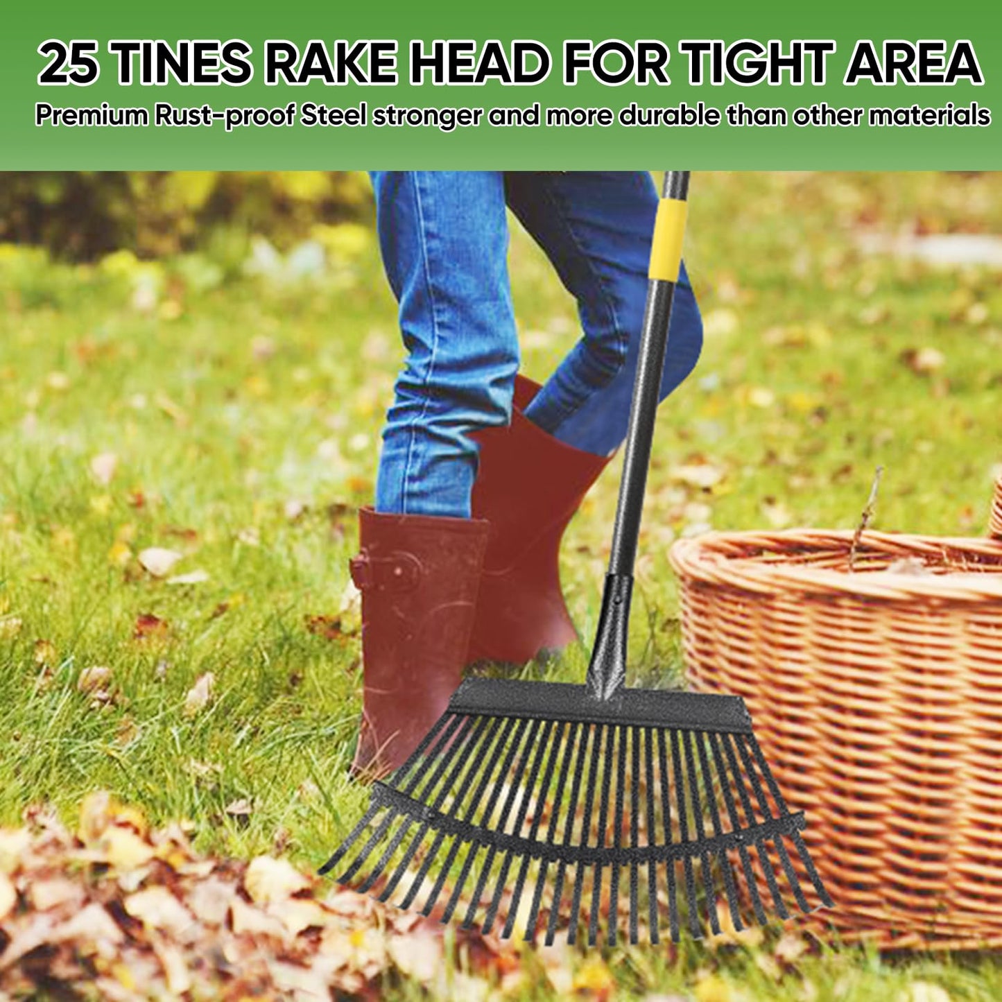 Coopvivi Garden Leaf Rakes, 6FT Rake for Lawns Heavy Duty 25 Metal Tines 18.5 inch Wide, Adjustable Steel Handle, Rakes for Leaves, Gathering Shrub, Grass, Yard