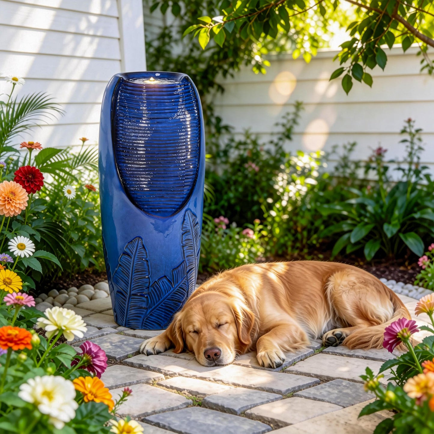 Autodaya 33" Tall Outdoor Garden Fountain with LED Lights, Modern Ceramic Jar Water Fountain, 3D Tropical Leaf Pattern, Cobalt Blue Glaze, Soothing Cascading Waterfall for Relaxing Patio, Yard, Porch
