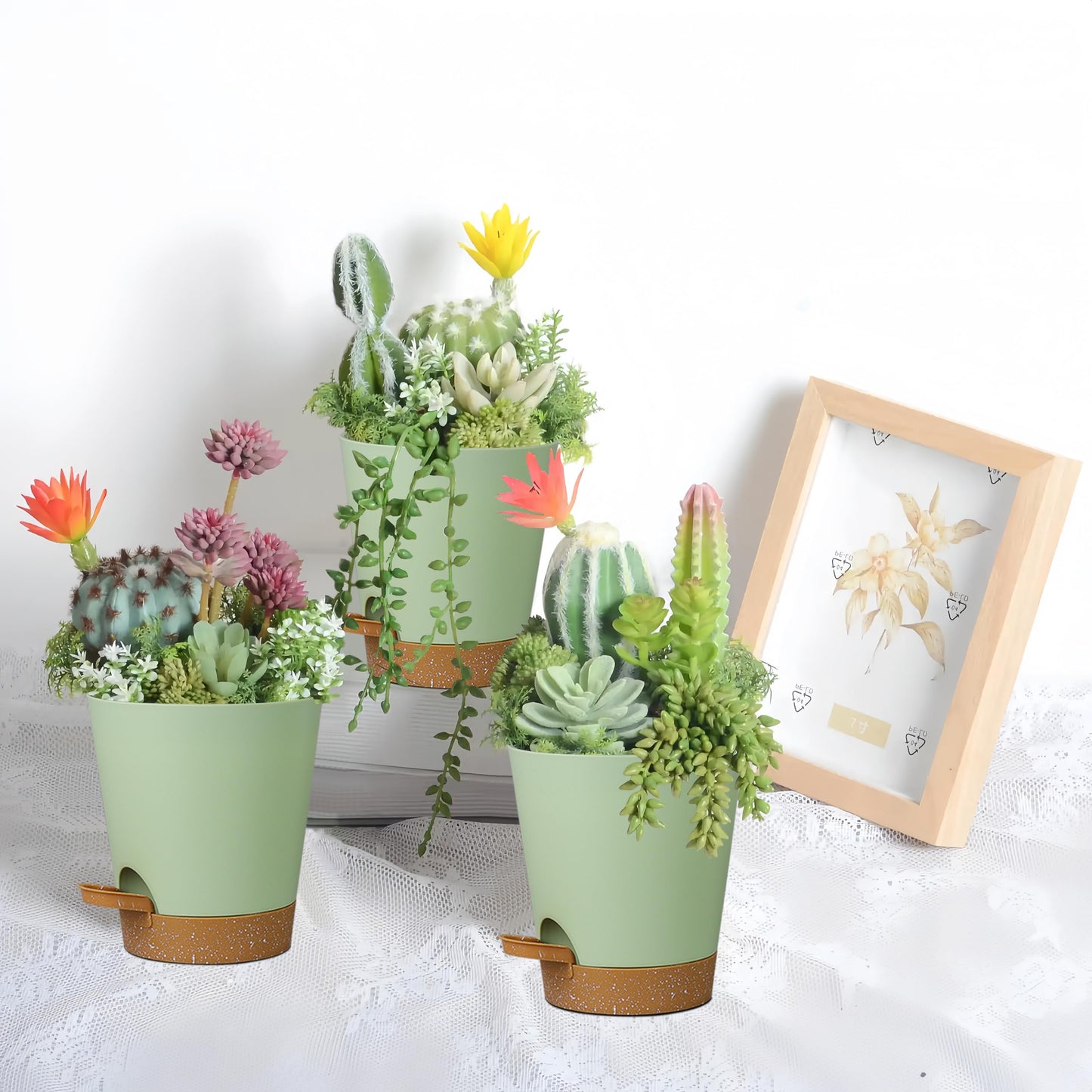 zople 12 Pack 4 Inch Self Watering Plant Pots with Drainage and Saucers，Plastic Flower Pots for Indoor and Outdoor Plants, Nursery Planters for Houseplants and Herbs Green Brown, 4 inch 12pcs
