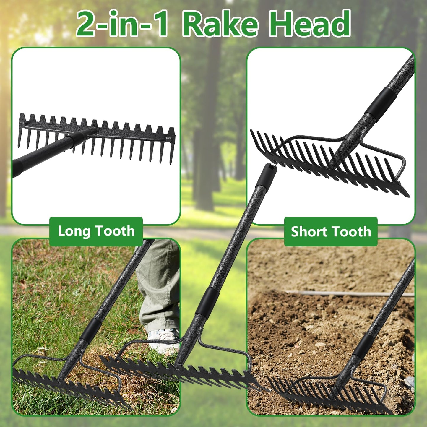 TAILERNRUYE 63 inch Bow Rake, 2-in-1 Metal Garden Lawn Rake for Weeding Digger Loosening Soil Raking Leaf Leveling Rocks Spreading Mulch Gravel 17 Tines Adjustable Garden Rake