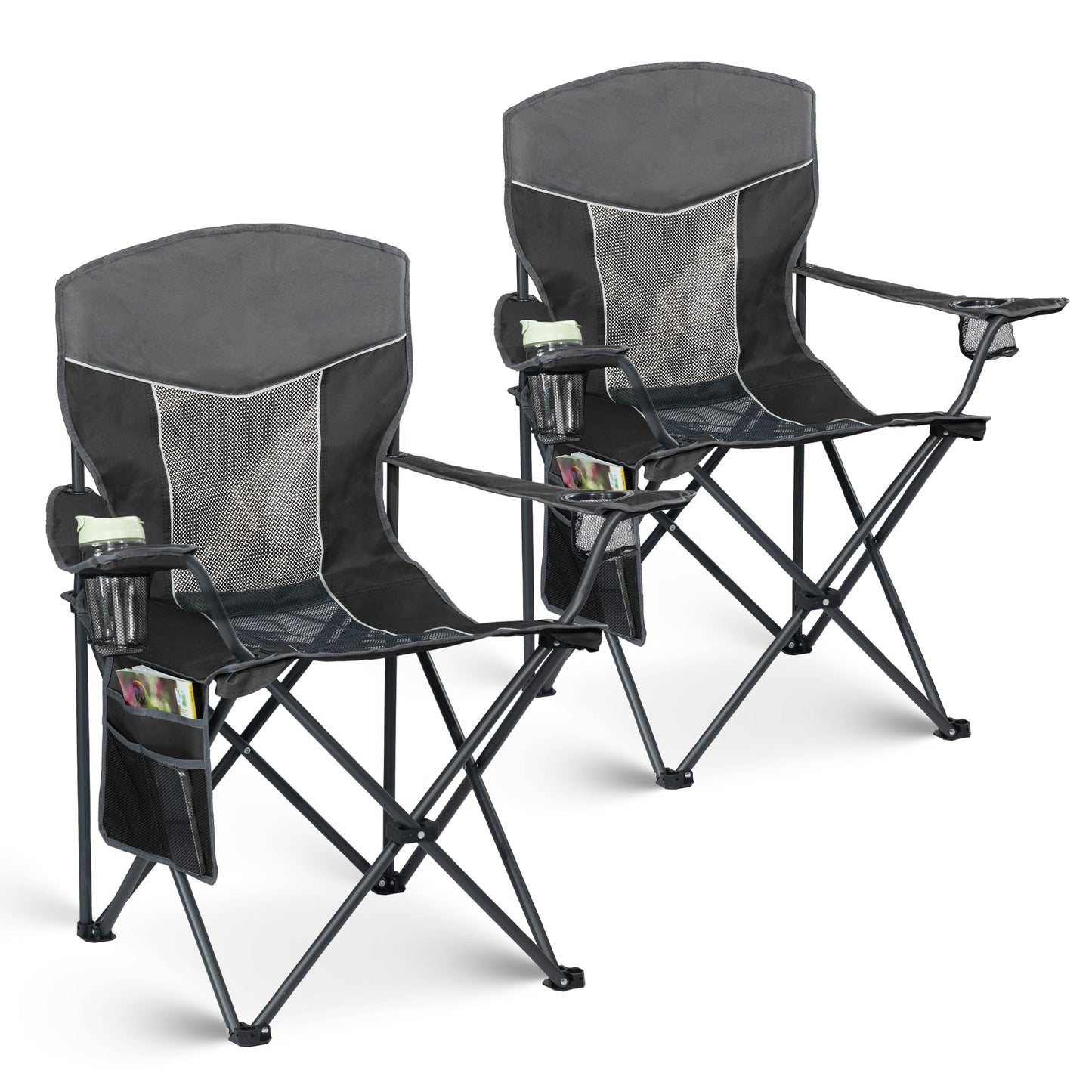 Matrasco Outdoor Camping Chair 2-Pack with Mesh Back, Folding Portable Lawn Chairs with Cup Holder & Side Storage Pocket for Camping, Beach, Picnic, Fishing(Black)