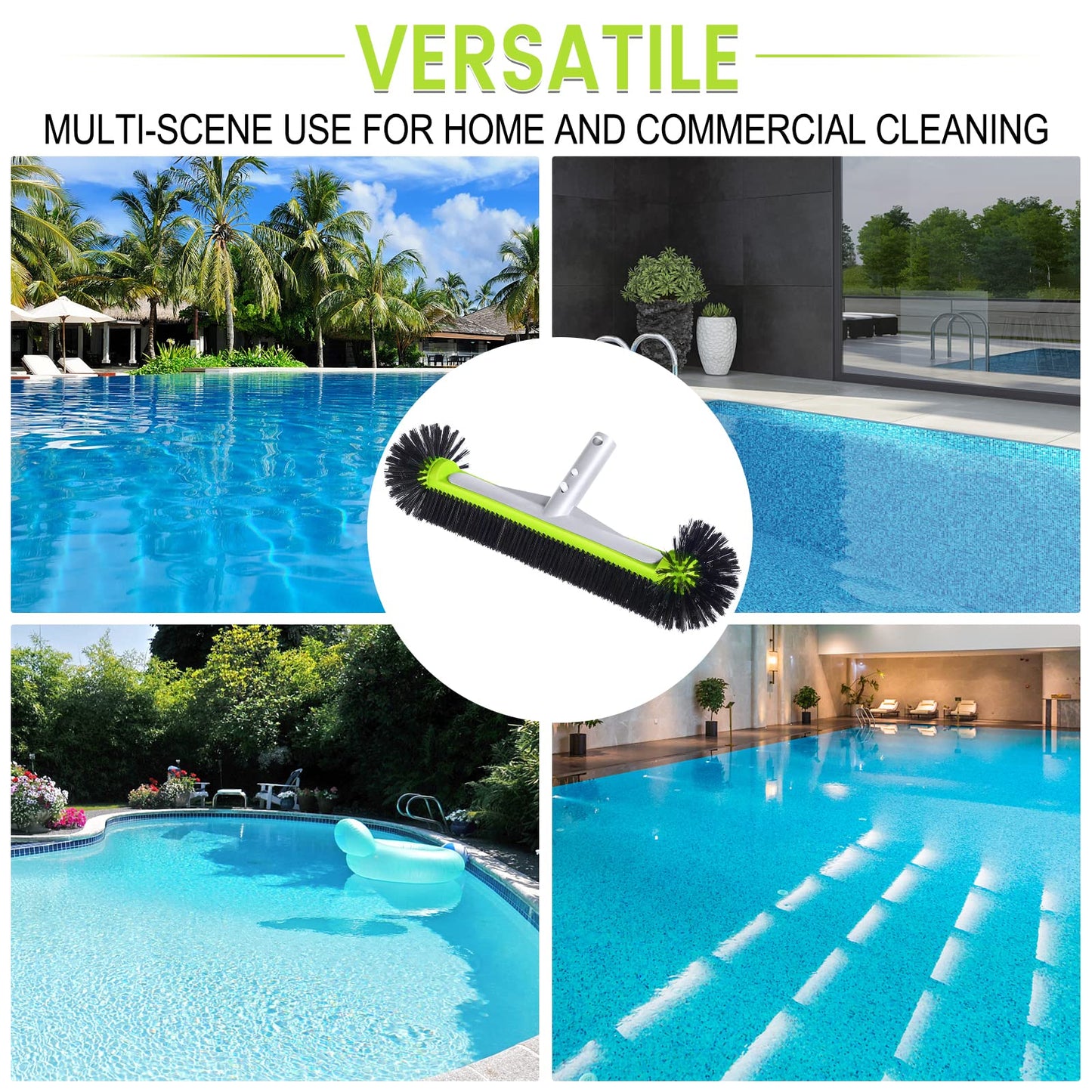 Swimming Pool Brush Head with Round Ends,17.5" Heavy Duty Aluminum Back Head for Cleans Walls, Tiles & Floors, 7 Rows Premium Nylon Bristles with EZ Clips (Green Black)