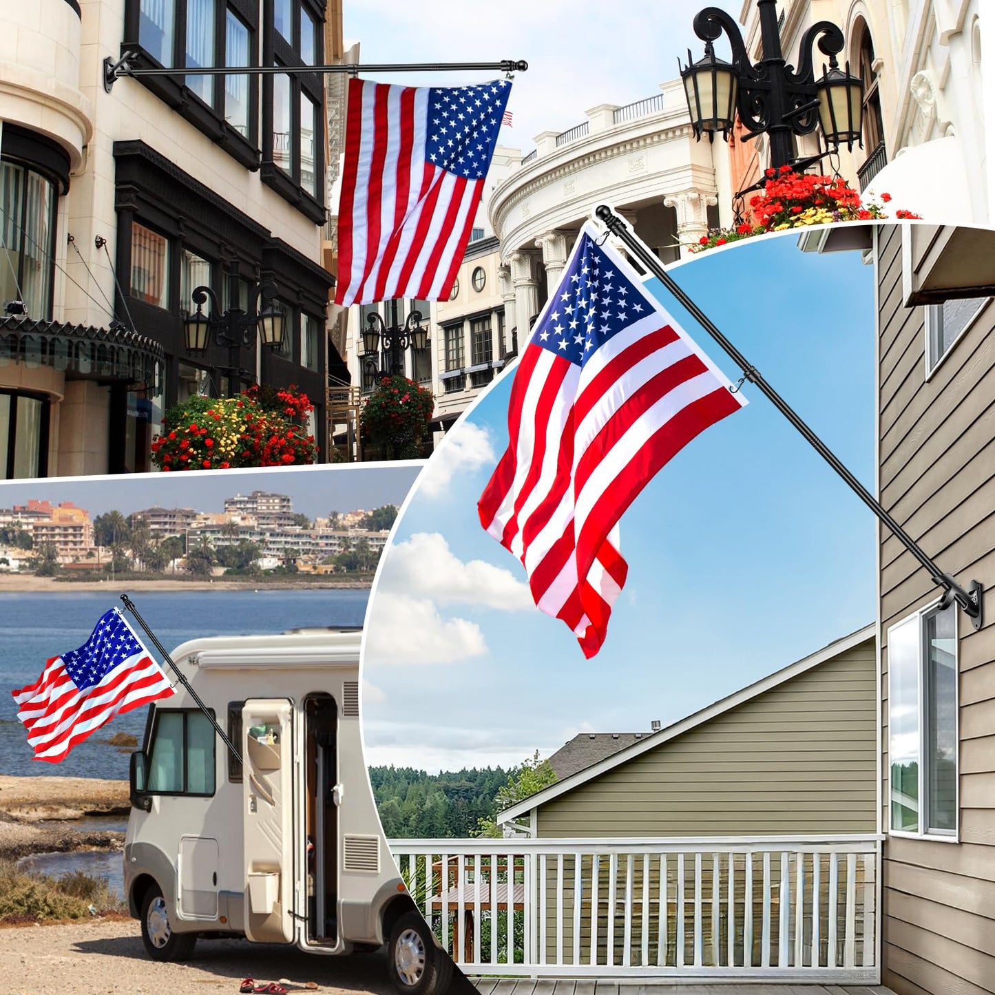 6 FT Flag Poles Kit for House with 2-Position Flagpole Bracket & 360° Rotating Flag Rings, 1 Inch Stainless Steel Spinning Flag Pole, Porch Wall Mounting Metal Flag Pole for 3x5 4x6 Flag (6 FT, Black)