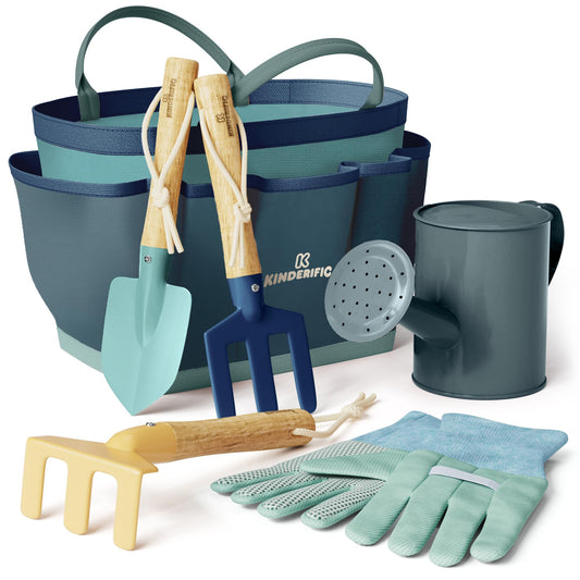 Kinderific Gardening Set, Tool Kit, for Kids, STEM, Includes Tote Bag, Spade, Watering Can, Rake, Fork, Trowel and Gloves (Ocean Blue)