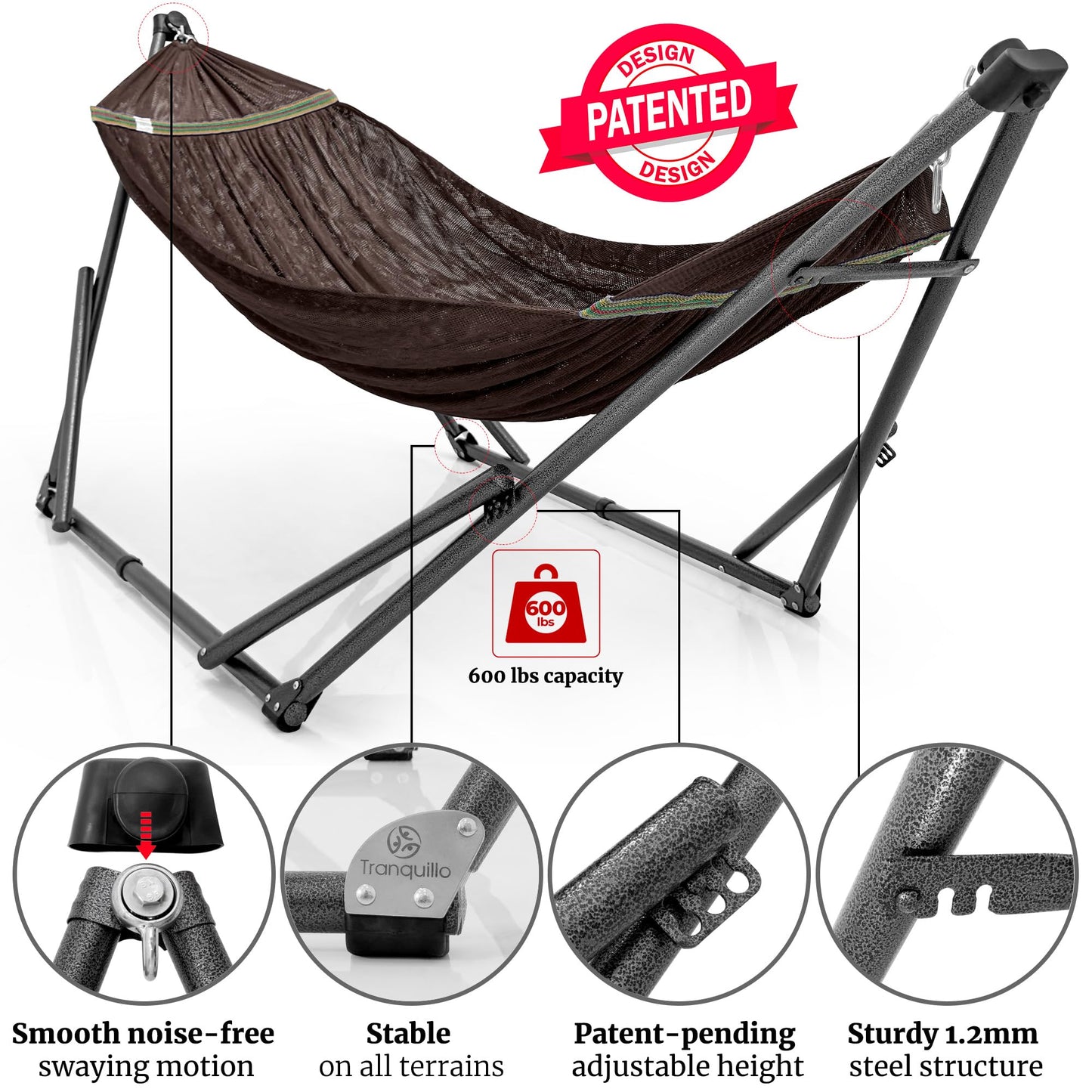 Tranquillo Combo x2 Hammocks with Stand for Outside & Tree Straps, Heavy Duty Hammock with Stand 600lbs for Indoor Outdoor Patio Backyard, x2 Hammocks for 2 Person (Combo - Brown, Medium)