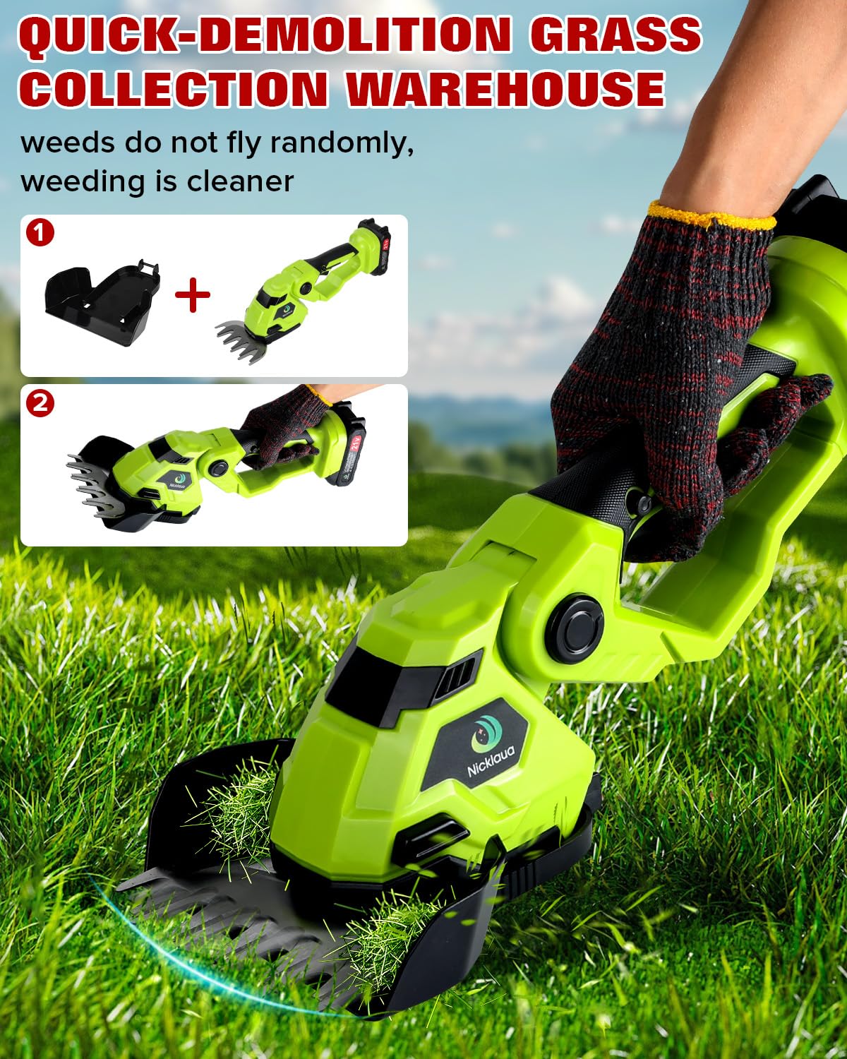 Cordless Hedge Trimmer,Cordless Grass Shear & Hedge Shear with a 5.3-inch Lawn Mower Blade, with 2 PCS Rechargeable Battery and Charger for Garden,Lawn.Note: It Does not Include the 9-inch Blade.