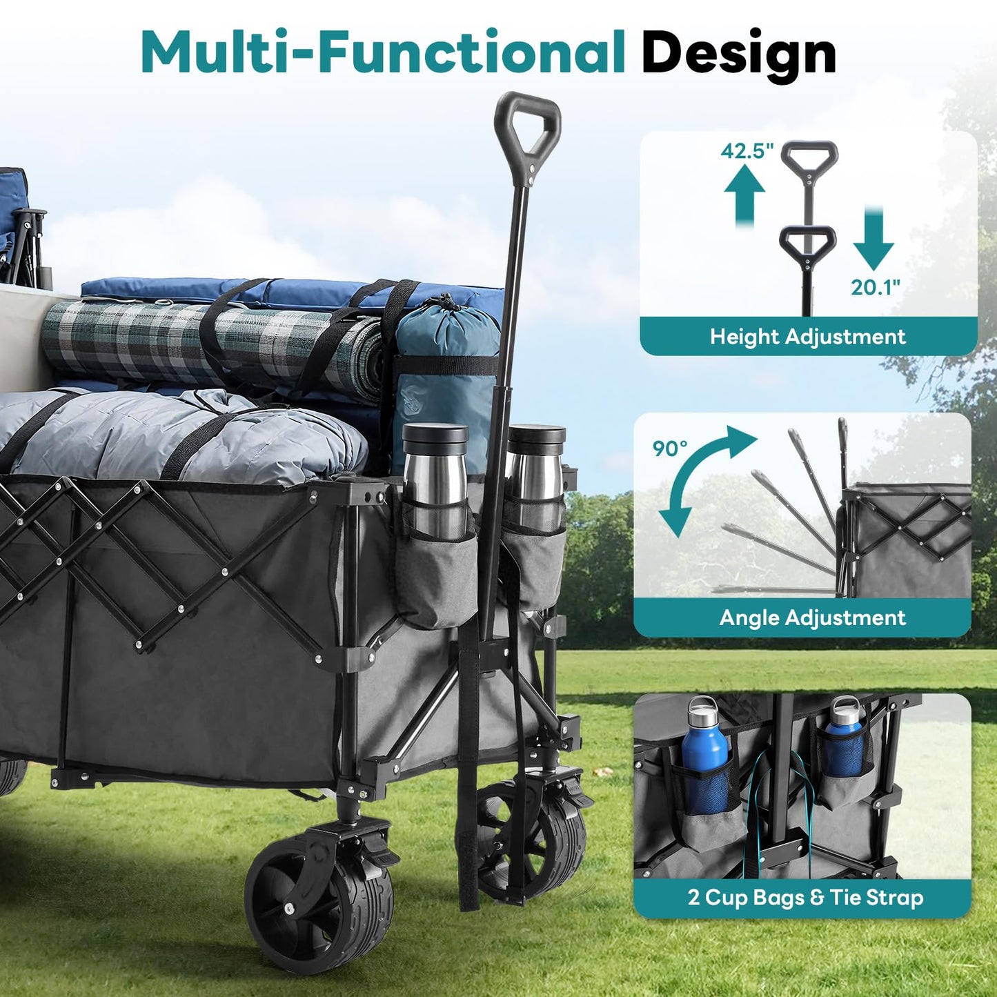 OLIXIS Collapsible Wagon Cart - 440lbs Foldable Extra Long Heavy Duty Utility Wagon with Wheels, Portable Storage Grocery Cart for Camping, Shopping, Sports, Beach, Garden (Grey, 48" L)