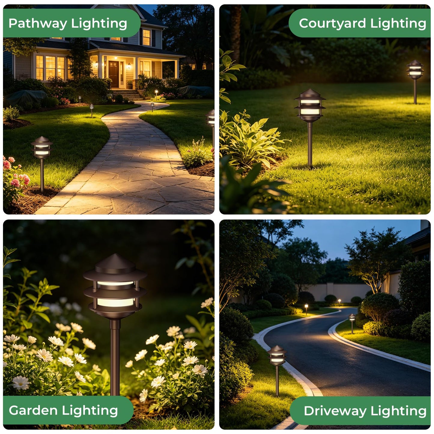 Gardencoin Pagoda Low Voltage Landscape Pathway Lights, 12V Outdoor LED Path Lights Wired, Aluminum Walkway Lighting with 4W 2700K Replaceable G4 Bulb, Bronze Classic 3-Tier Lantern, 6 Pack