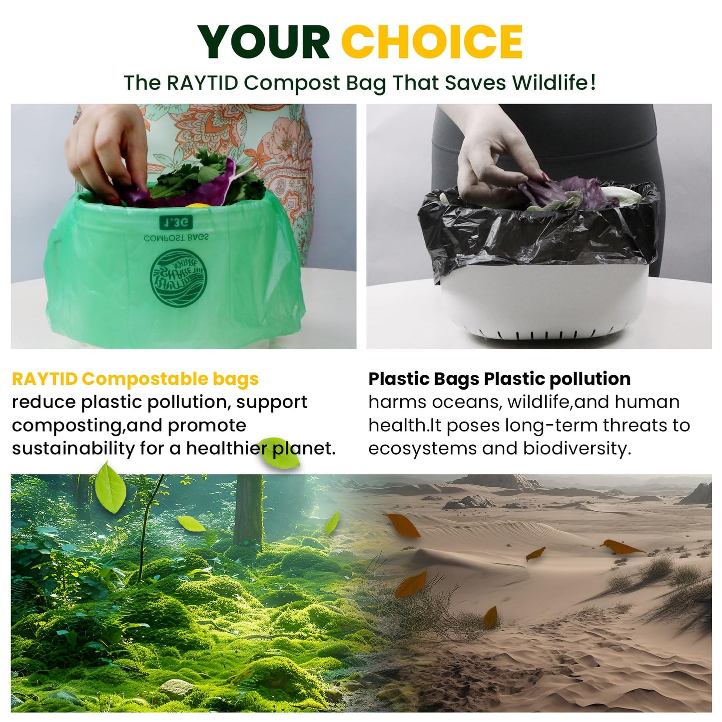 Compost Bags 1.3 Gallon,100 Count,Compostable Small Trash Bags for Kitchen Countertop Compost Bin 0.75, 1,1.2, 1.3Gallon,ASTM D6400, US BPI and Europe OK compost HOME certified