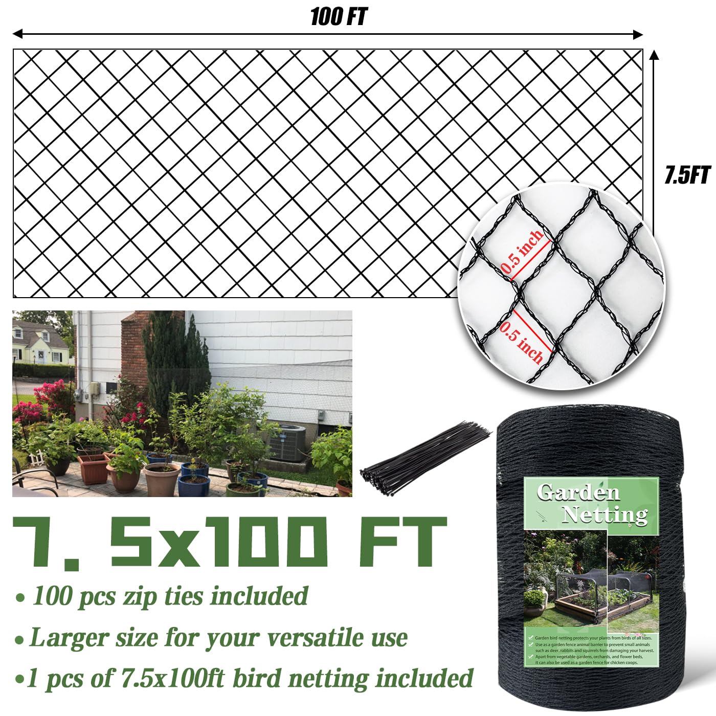 Bird Netting，7.5 x 100 FT Garden Netting Bird Net for Chicken Coop, Poultry Netting Fence for Fruit Trees, Plants and Vegetables Against Birds, Deer, Squirrels and Other Animals