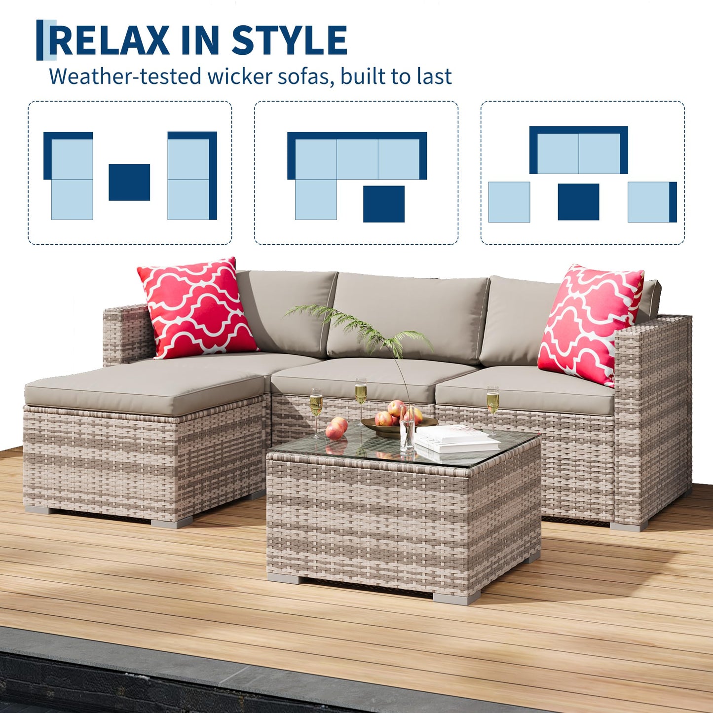 PeakPursuit Outdoor Patio Furniture Set, 5 Pieces Rattan Patio Conversation Sets with Glass Coffee Table and Cushion,All Weather Outdoor Patio Sofa for Garden, Poolside, Backyard,Light Grey