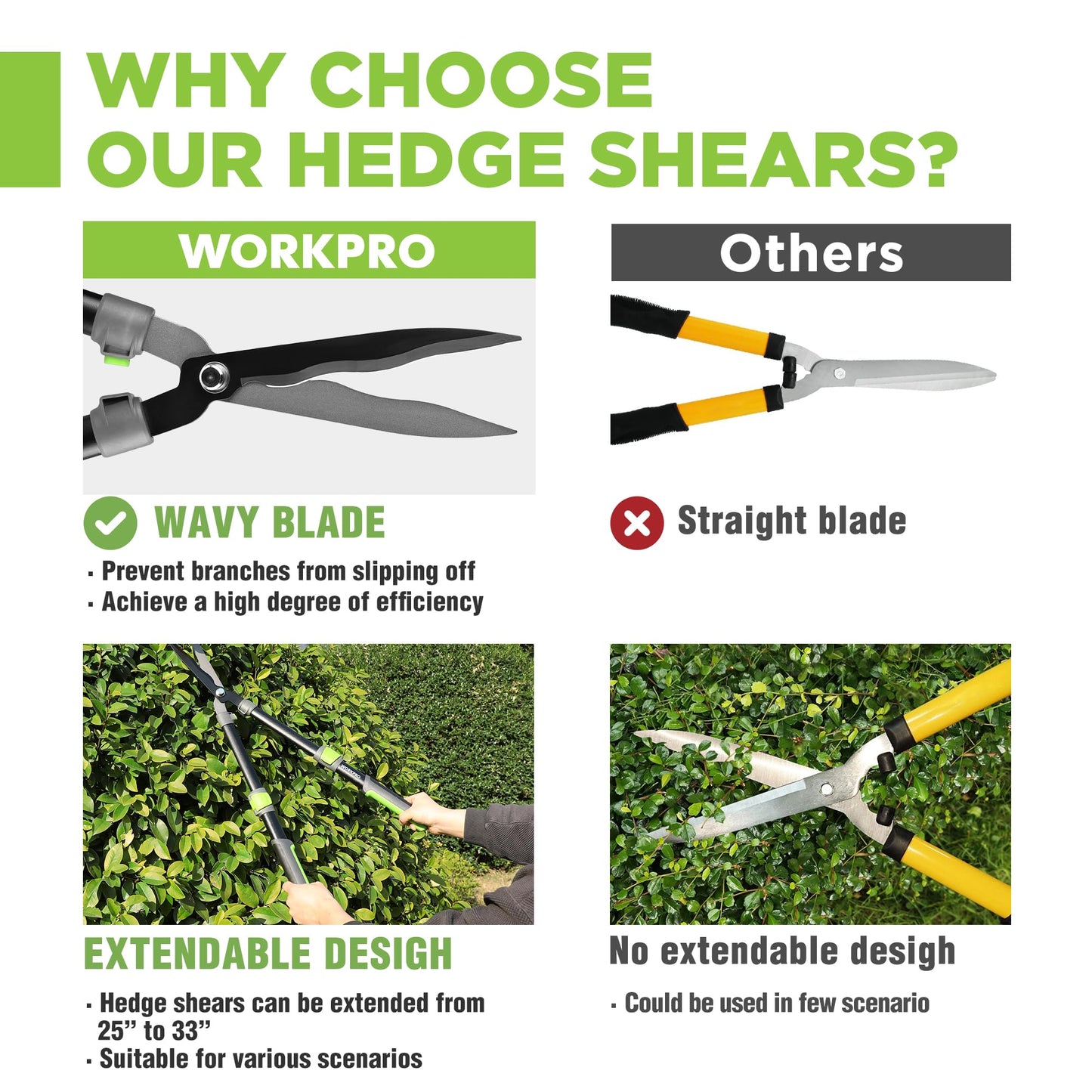 WORKPRO Extendable Hedge Shears, 25"-33" Manual Hedge Clippers, Professional Bush Cutter, Gardening Pruners Scissors, Hedge Trimmers, Shears Gardening Tools for Pruning Borders & Shrubs