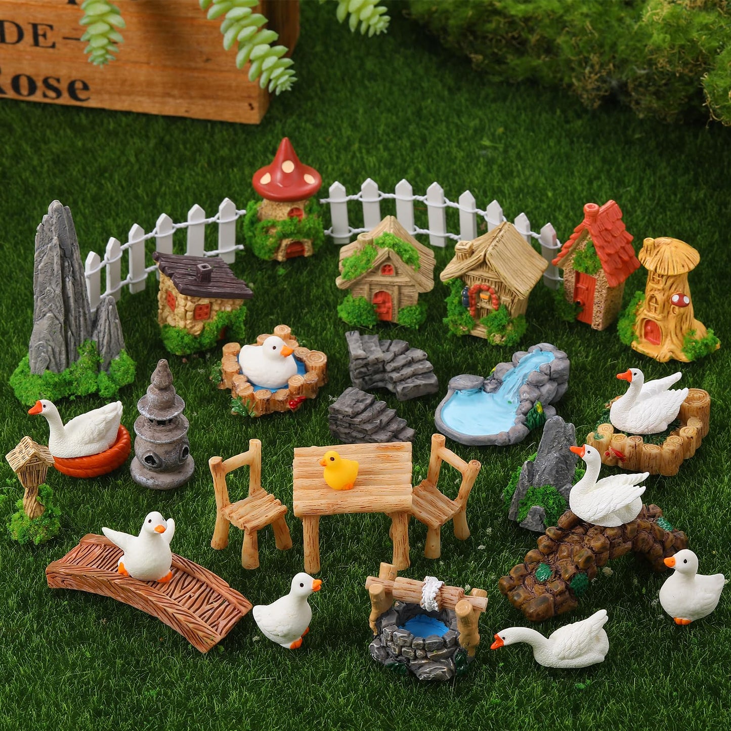 GGSTDDUP 35 Pcs Fairy Garden Accessories Miniatures Garden Kit with Resin Duck, Mushroom House & Bridge Miniature Accessories for Terrarium, Dollhouse & Outdoor Decor