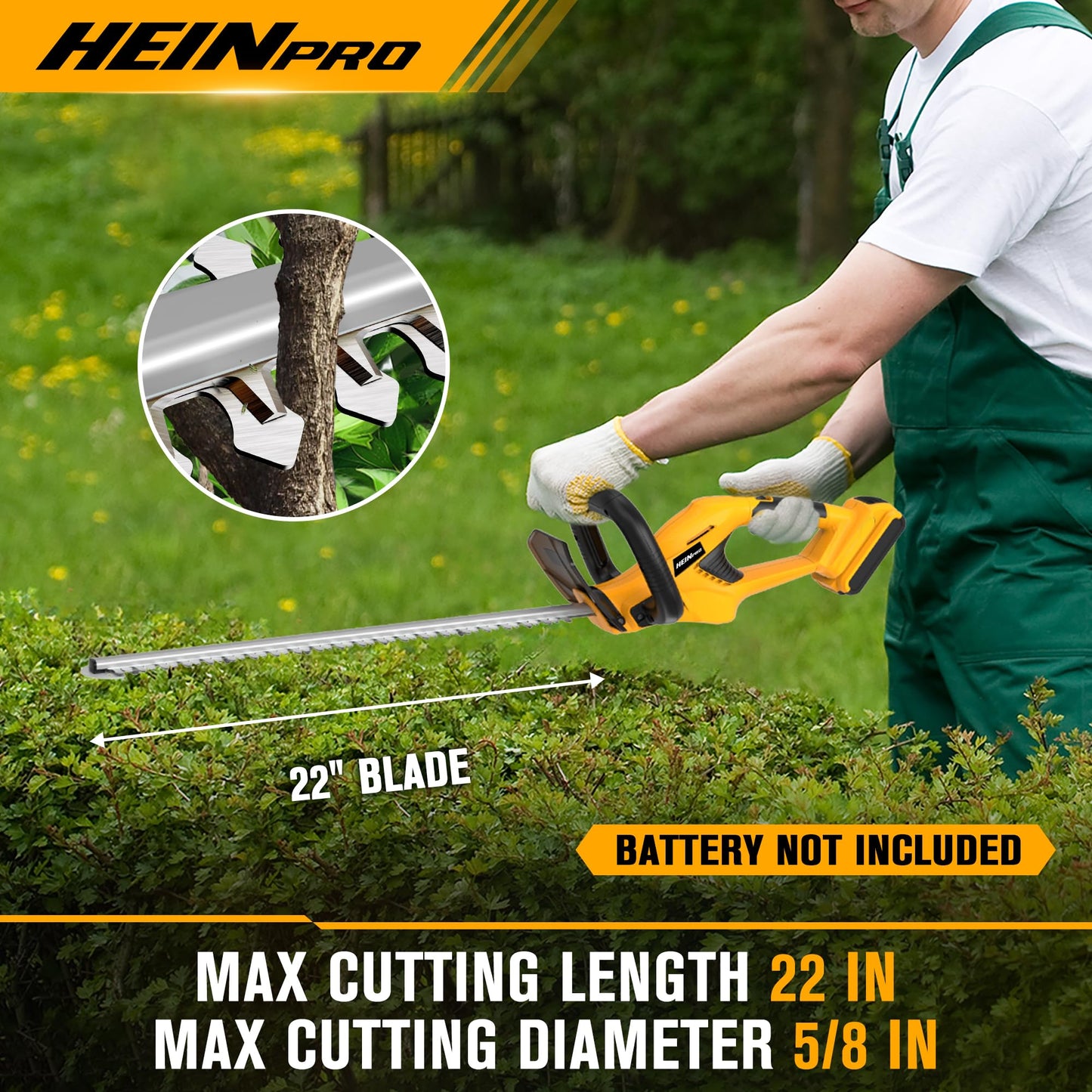 HEINPRO Cordless Hedge Trimmer 22-Inch Compatible with DEWALT 20V MAX Battery, Electric Hedge Trimmer Cordless, Bush Trimmers for Garden, Battery Powered Hedge Trimmers, Yellow (Tool Only)