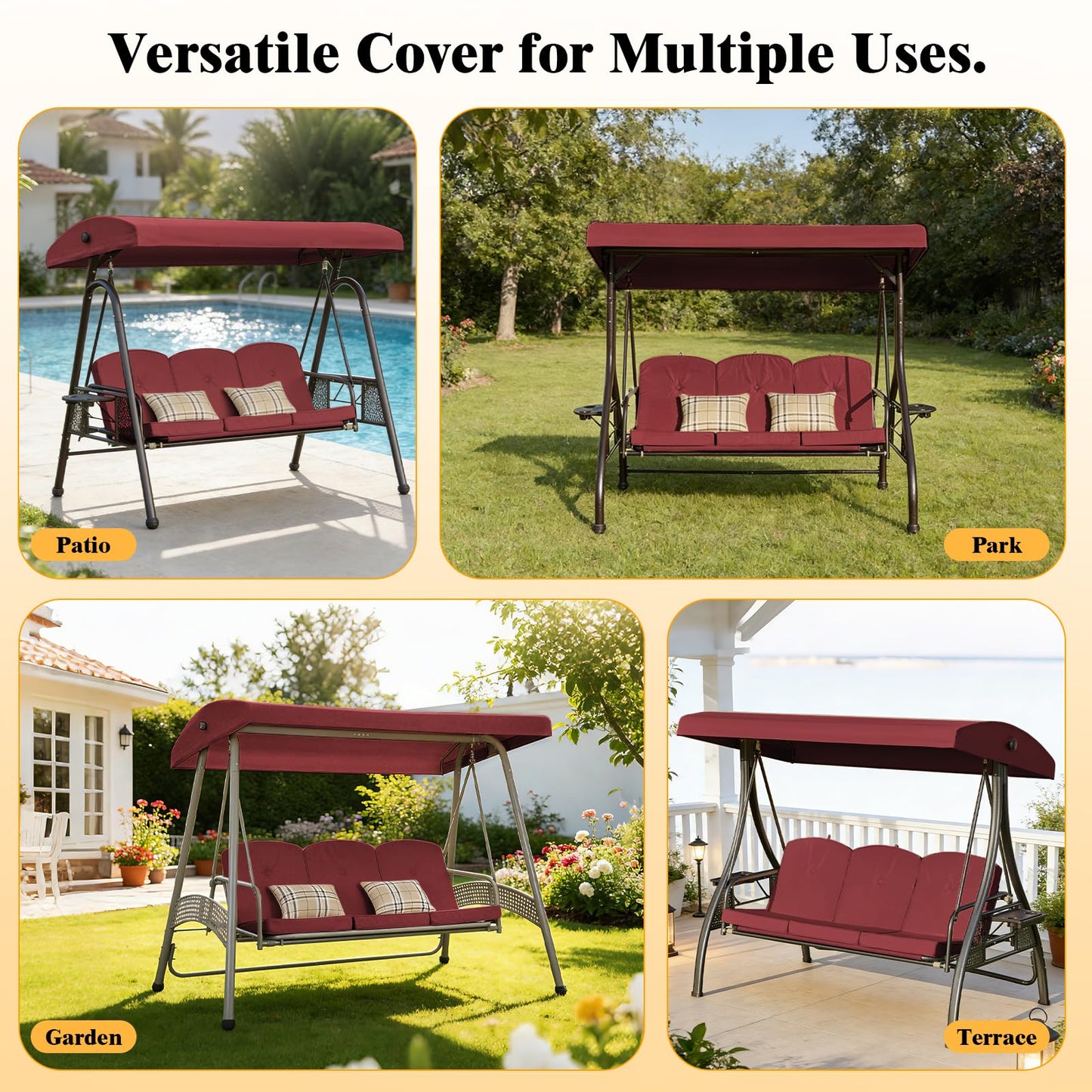 Oungelark Outdoor Swing Canopy Replacement Cover, 3 Seat Swing Cover UV-Resistant for 3-Seat Porch Swing (Red, 76.8x47.2x9.1in)