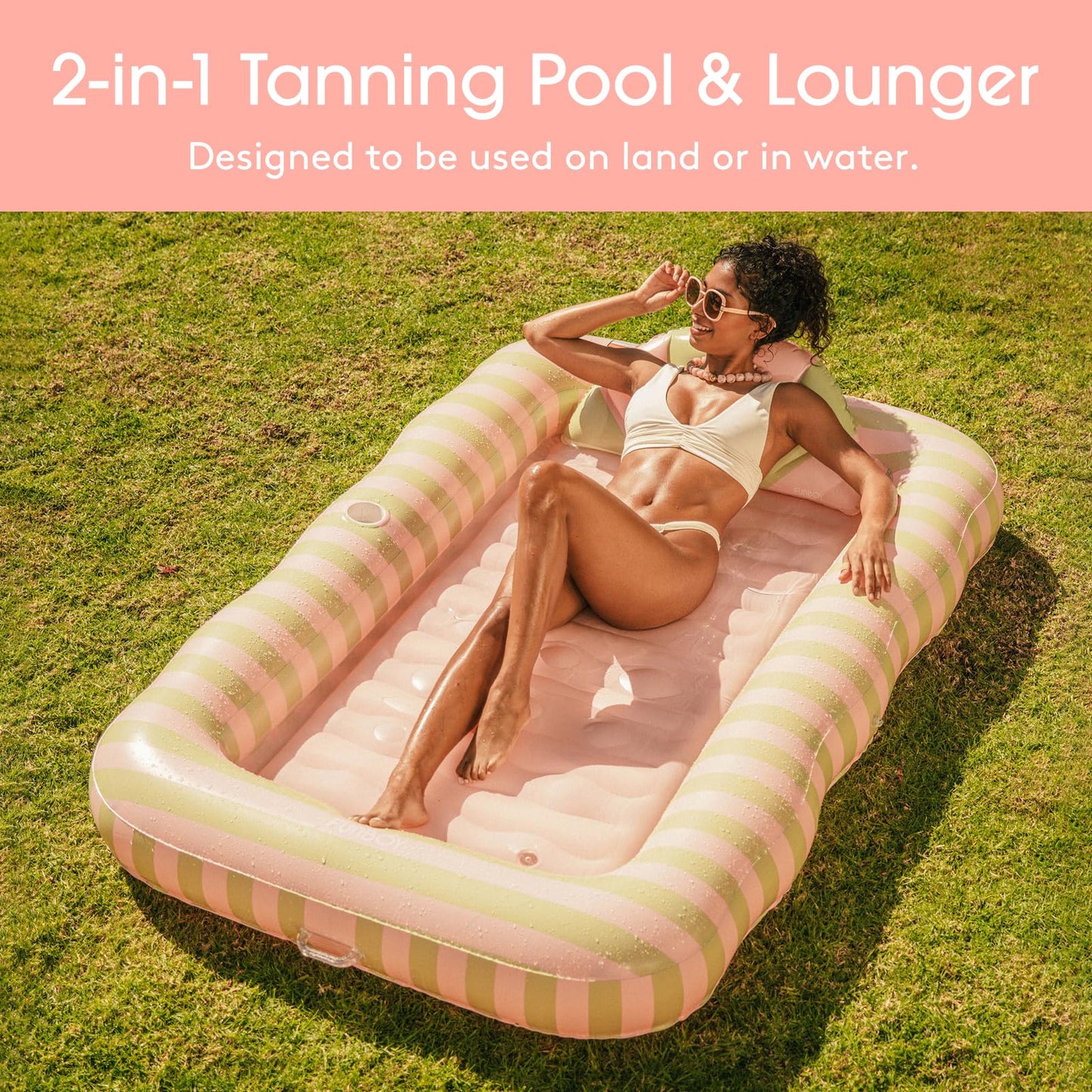FUNBOY Tanning Pool Lounger Float Coral Stripe, XL 72'' x 48'' Pool Float with Custom Pillow and Large Cup Holder, Perfect for Pool or Backyard.