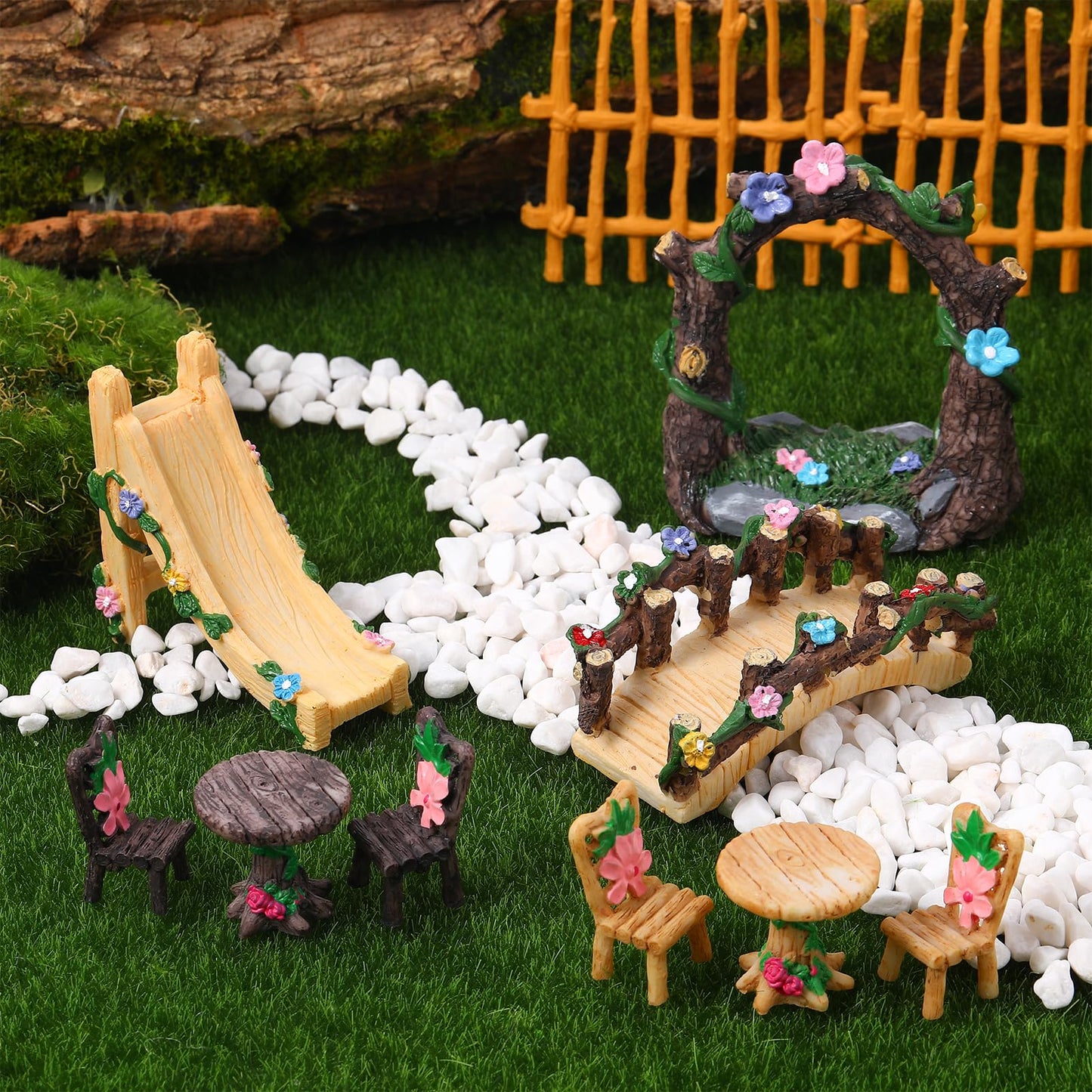9 Pcs Fairy Garden Accessories - Miniature Garden Kit Landscape Decorations Table and Chairs Set Fairy Garden Furniture Ornaments Bridge Flower Slide Figurine for Terrarium Potted Plants, Dollhouse