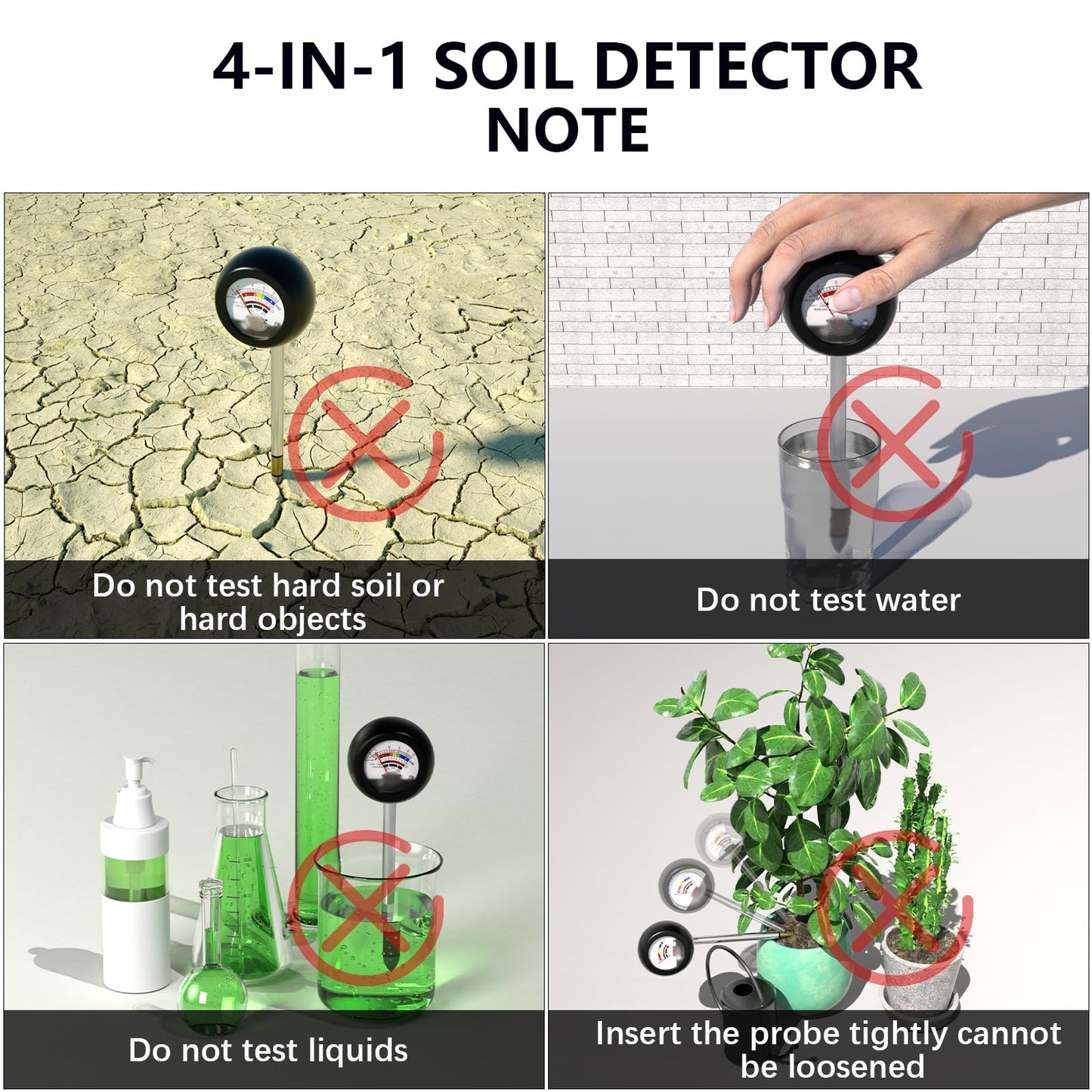 Vitamicor 4-in-1 Soil Tester, Battery Free Plant Moisture Meter with PH/Moisture/Light Test/Fertilizer, Soil PH Meter for Garden, Lawn, Potted Plants, Farm (90° Rotation)