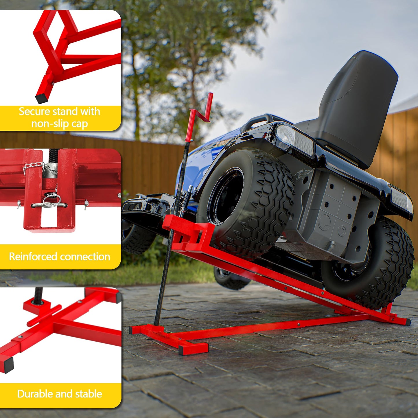 Ride-On Lawn Mower Jack Lift - Telescopic Maintenance Jack for Garden Tractors and Riding Lawn Mowers, 880 lbs Weight Capacity, Manual and Power Tool Handles Included