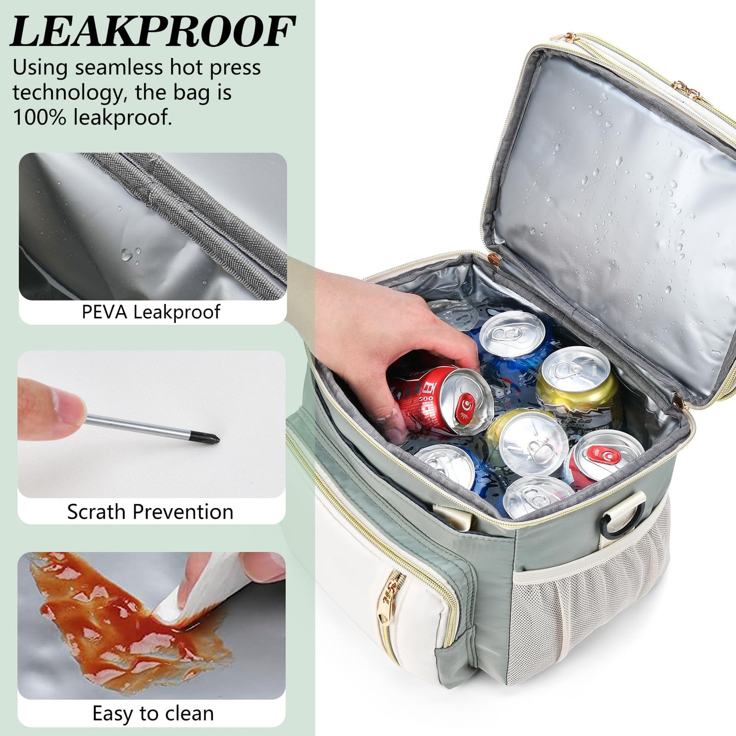Lunch Box & Lunch Bag for Women Men, Expandable Large Insulated Adult Lunch Bag with Strap, Double Deck Leakproof Lunchbox Durable Cooler Bags for Work Picnic Beach,16L, Olive Green & White