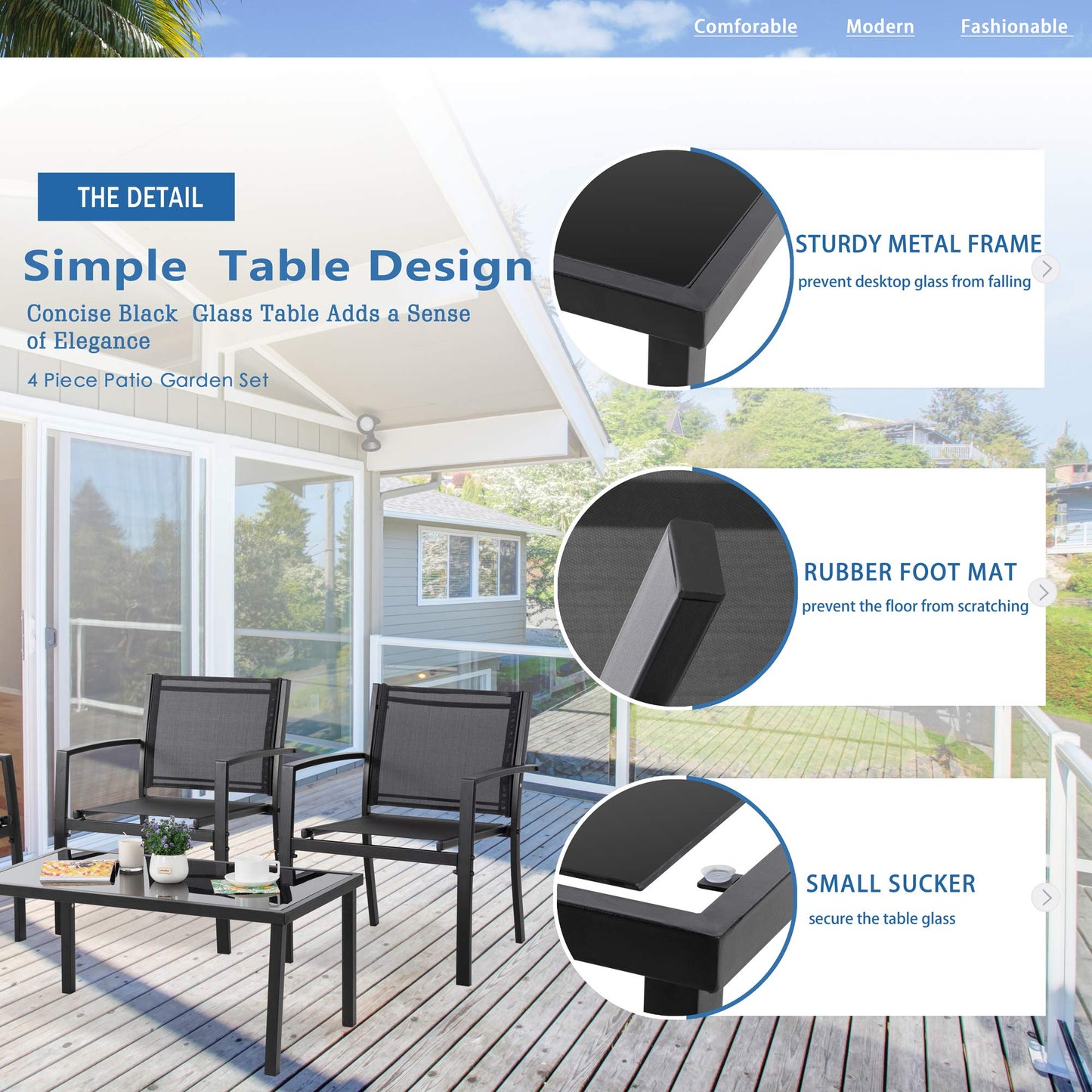 Vongrasig 4 Pieces Patio Furniture Sets,Outdoor Patio Conversation Sets with Glass Coffee Table, Small Porch Balcony Furniture, Patio Table and Chairs Set for Garden, Backyard (Black)