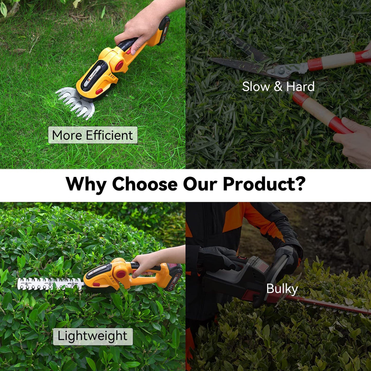 Hedge Trimmer Cordless, TOOVEM 2 in 1 Handheld Cordless Grass Shear with 2 Pcs Rechargeable Batterys and Charger, 24V Electric Weed Grass Cutter Shrubbery Trimmer for Garden, Lawn (Yellow)