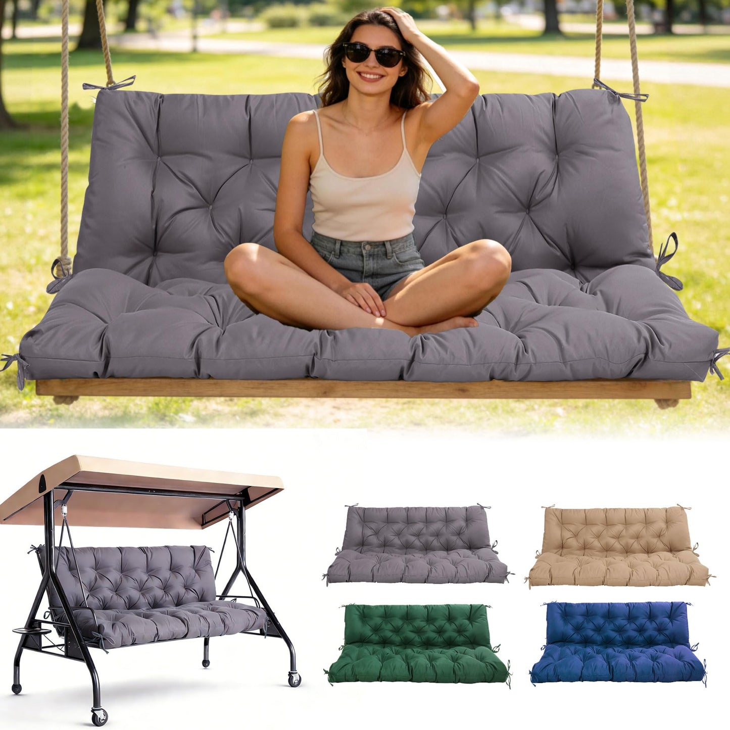 Porch Swing Cushions 60 Inch,Waterproof Patio 2 3 Seater Replacement for Outdoor Furniture with Backrest&Strap,Thick 4" Swing Seat Cushion for Loveseat Garden Glider Bench Lawn Backyard,Dark Gray