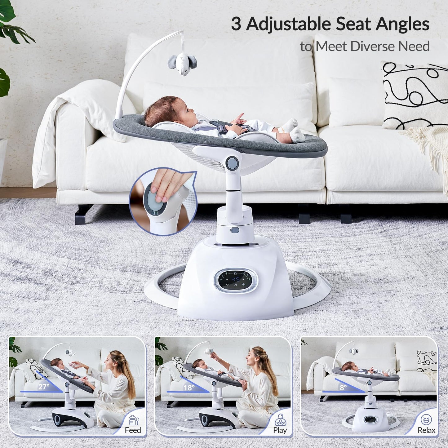 VaVaSoo Baby Swing for Infants Mamroo Electric Automatic Multi Motion Newborn for Girl & Boy with Remote Control, 5 Speed, 13 Melodies, Light Gray (Gary)