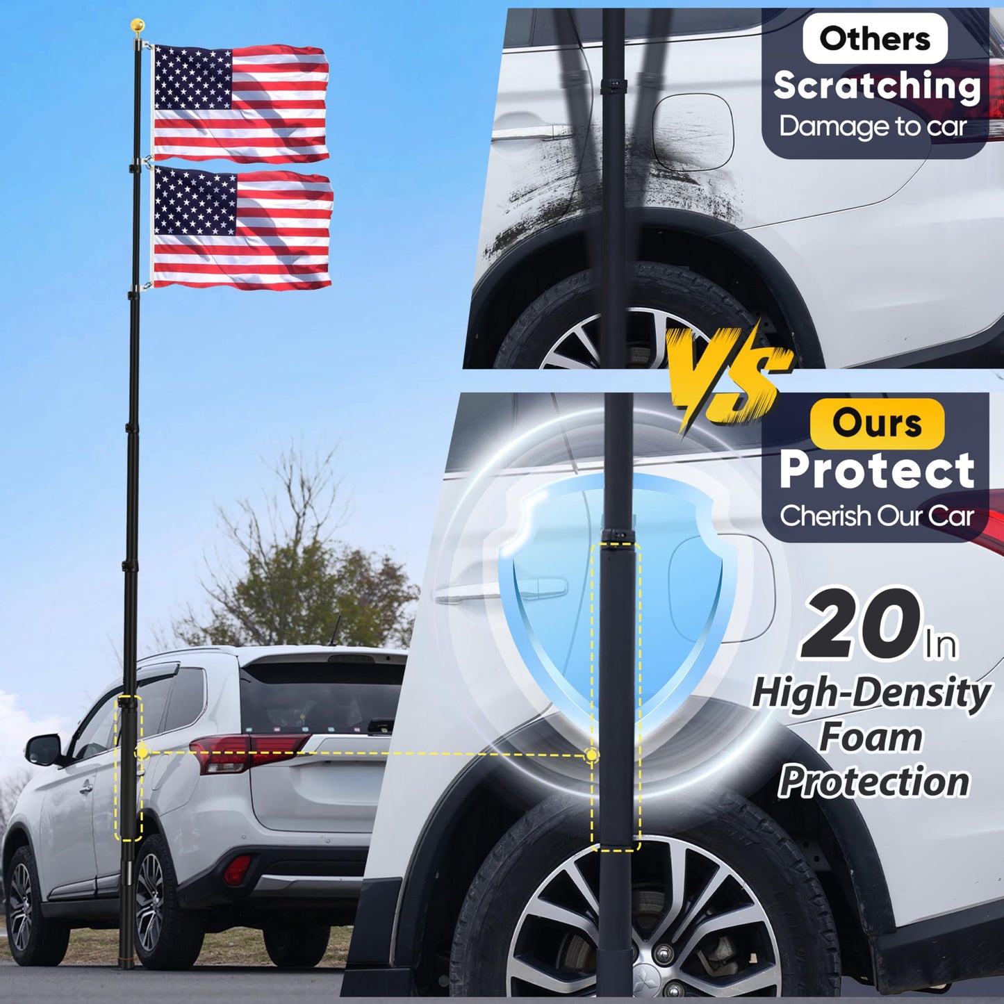 20FT Tailgate Flag Pole with Tire Mount, Fits RV Pickup SUV Sedan, Portable RV Flag Pole with 20" High-Density Foam Protective Tube, Thickened Aluminum Flag Pole with an Flag, 60 MPH, Dual Flag Mount