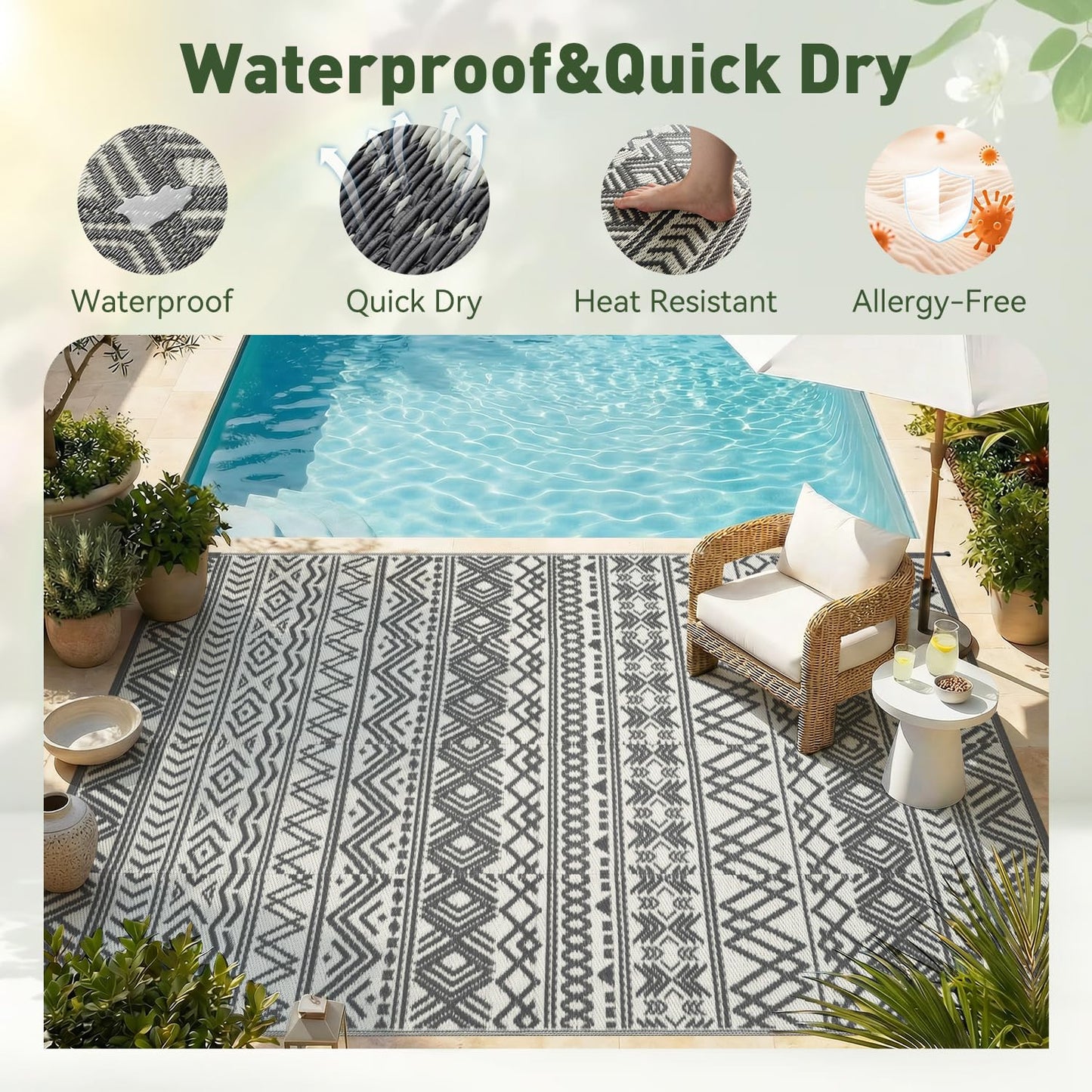 MontVoo Outdoor Rug 8x10 Waterproof Outdoor Patio Rug Mat Reverisble Plastic Straw Outdoor Rug for RV Camping Picnic Beach Balcony Boho Grey