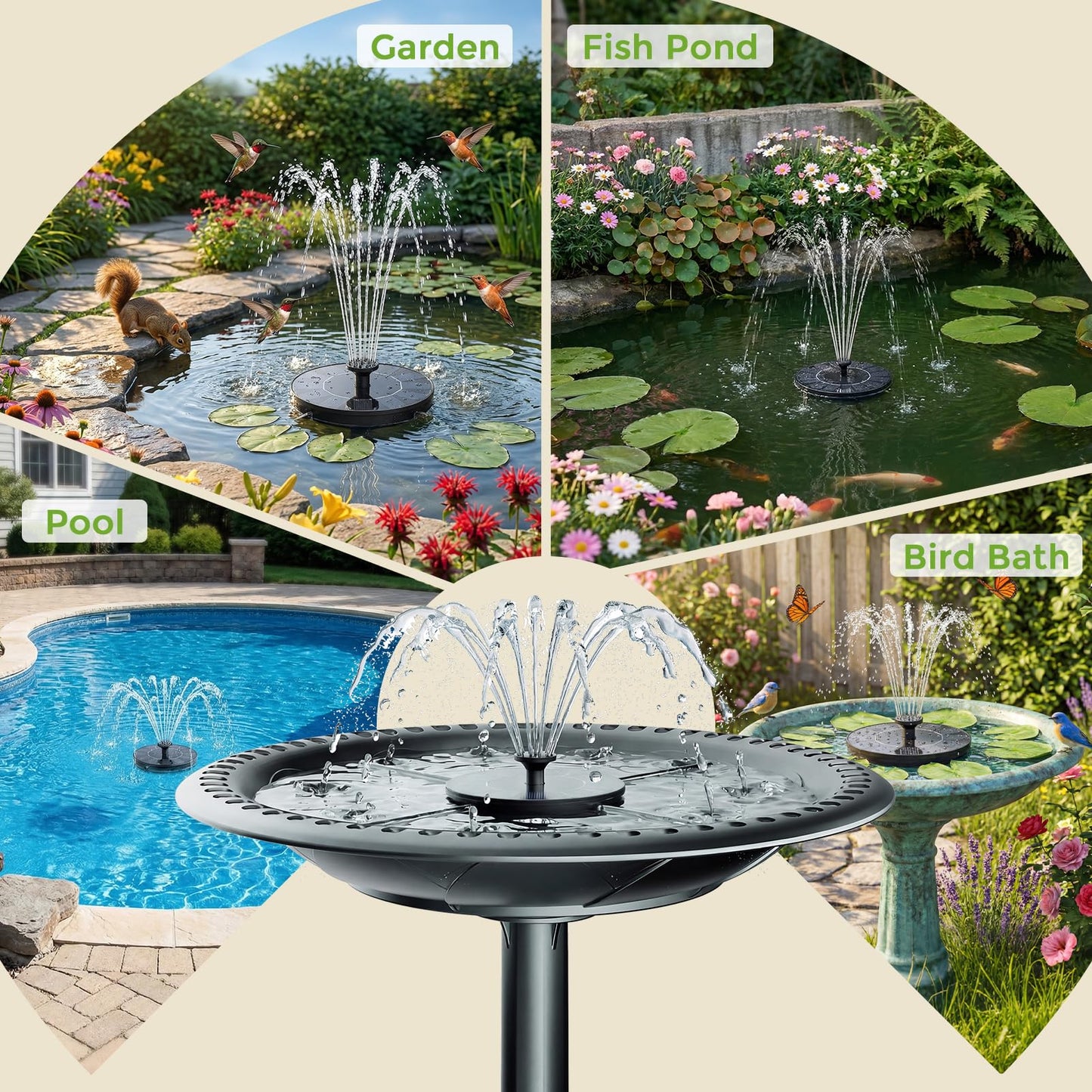 AISITIN Solar Fountain, Solar Bird Bath Fountains Pump with 6 Nozzles, 2026 Upgraded Free Standing Floating Solar Powered Water Fountain Pump for Bird Bath, Garden, Pond, Pool and Outdoor