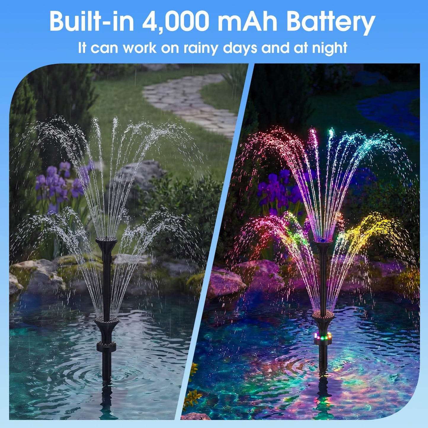 AMZtime 20W Solar Fountain Pump, Solar Water Pump with Lights Built-in 4000mAh Battery, 2026 New DIY Solar Water Fountain for Bird Bath, Pool, Pond, Garden, Fish Pond, Small Waterfall