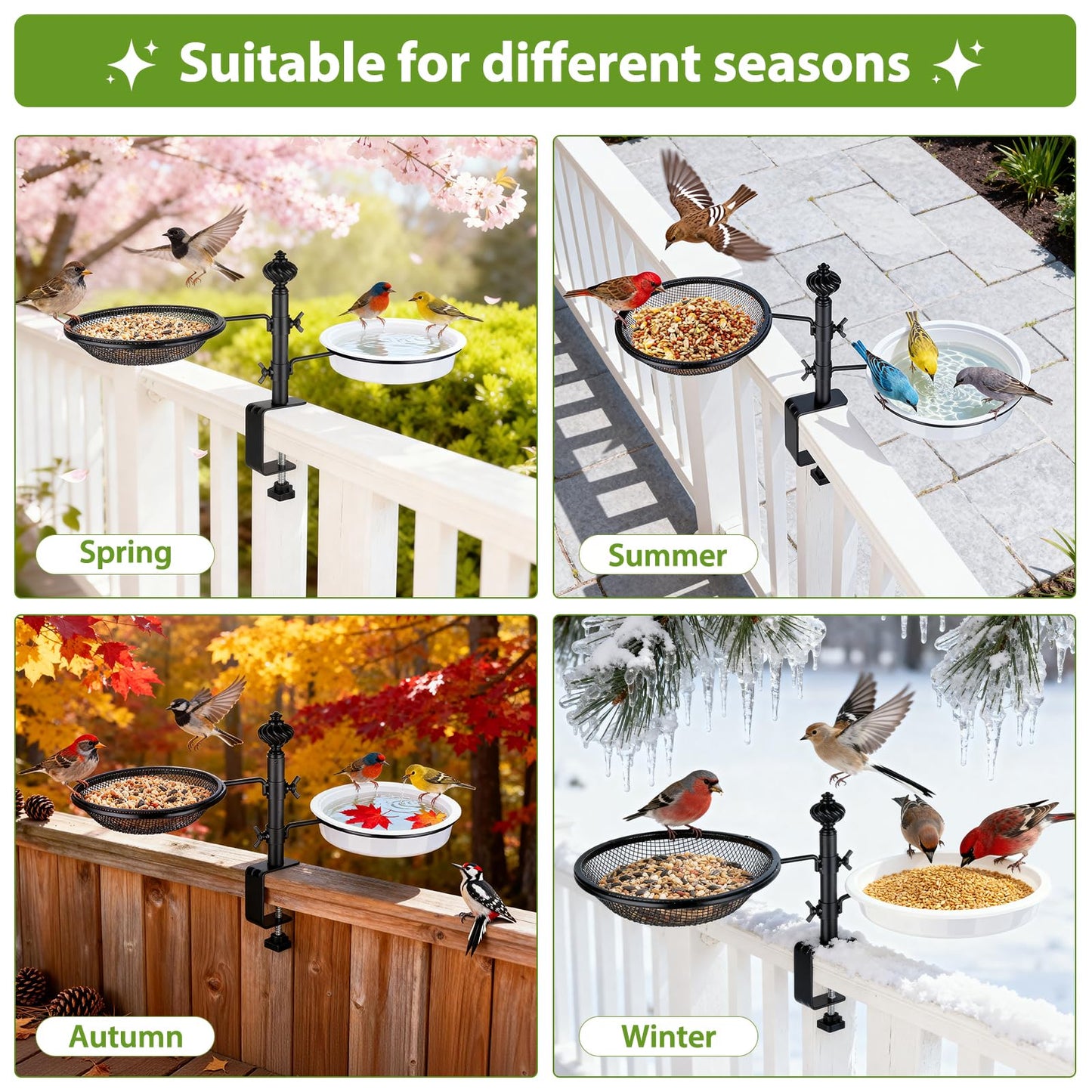 Deck Bird Feeders with Metal Tray and Water Bowl, BOLITE Balcony Bird Feeders Detachable Adjustable Heavy Duty Clamp Bracket, Attracting Birds, Black, Gifts for Women Men