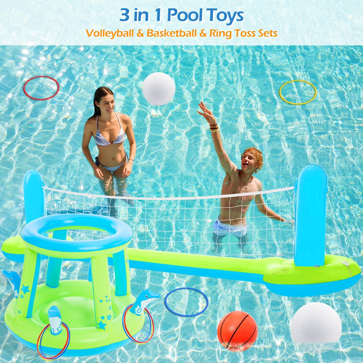 Jasonwell Pool Toys Games Set - 3 in 1 Pool Volleyball Net Basketball Hoop Ring Toss Game Inflatable Floats Water Floating Volleyball Swimming Pools Games Party Gift for Kids Adults (Green&Blue, XL)
