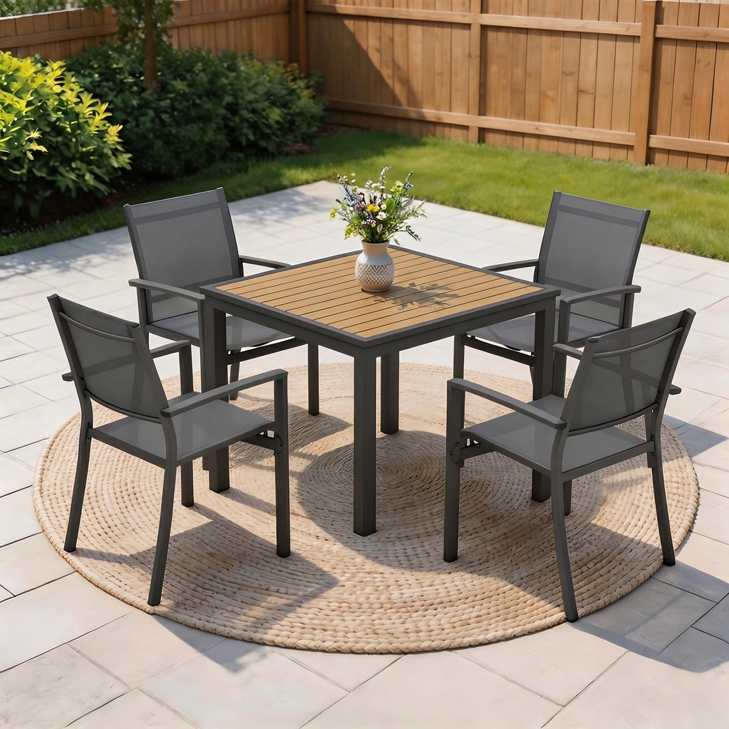 Wisteria Lane Patio Table and Chairs for 4, Outdoor Patio Dining Furniture Set with Aluminum Table and Metal Textilene Chairs, All-Weather Patio Table Set with HDPS Square Tabletop for Garden Porch